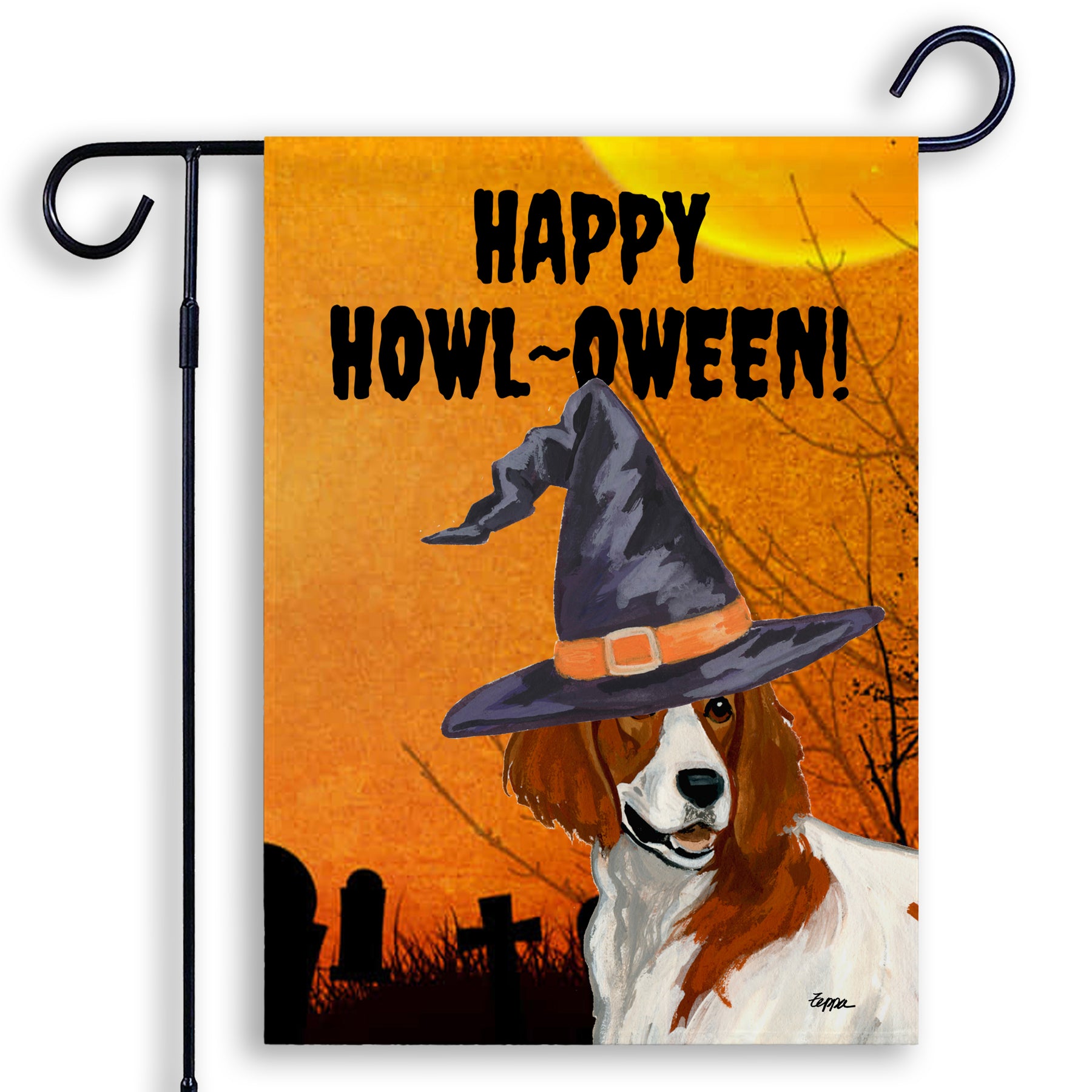 Halloween-themed garden flag with a Irish Red and White Setter wearing a witch hat and 'Happy Howl-Oween!' text on an orange background.