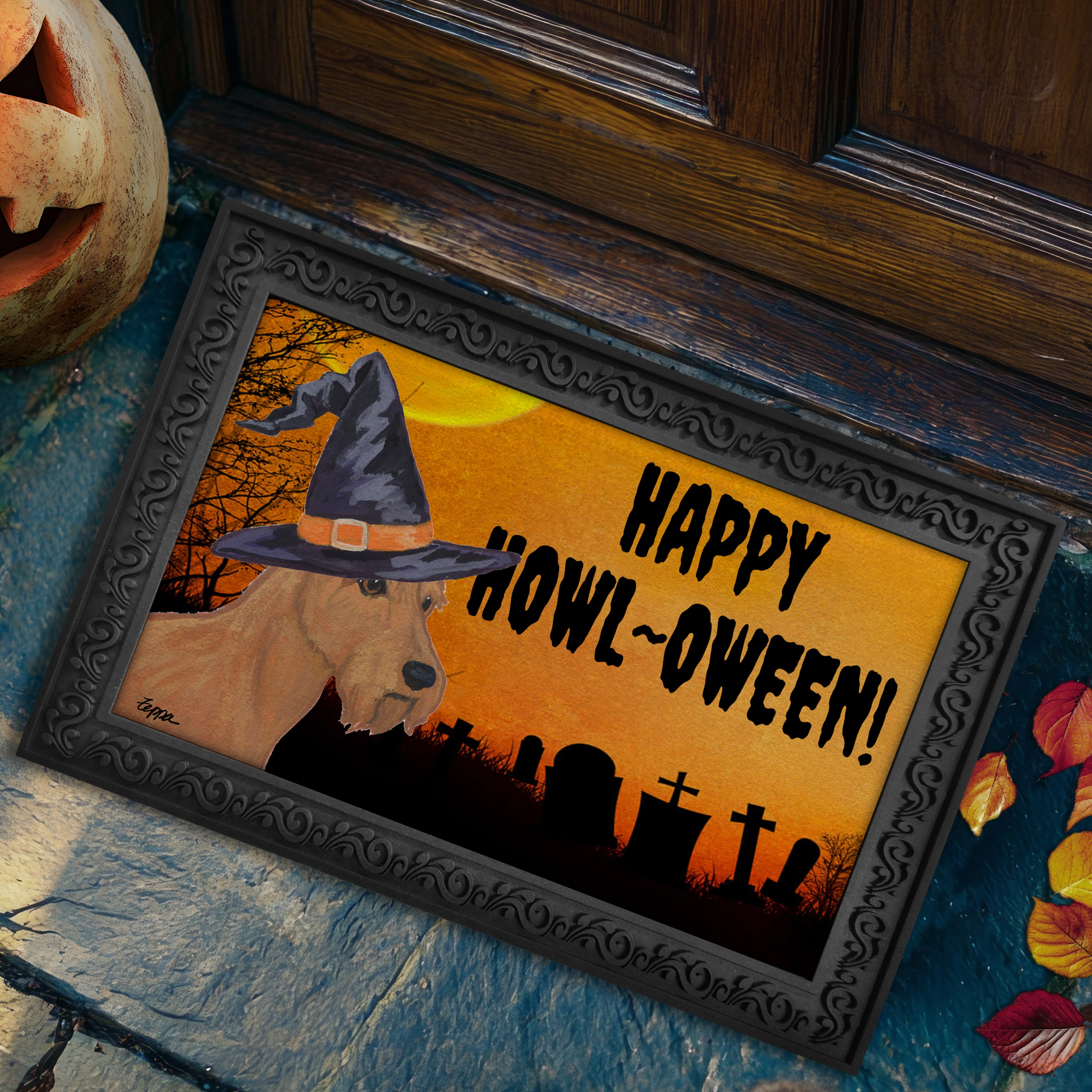 Halloween-themed doormat with a Irish Terrier wearing a witch hat and 'Happy Howl-Oween!' text, placed on a stone surface.