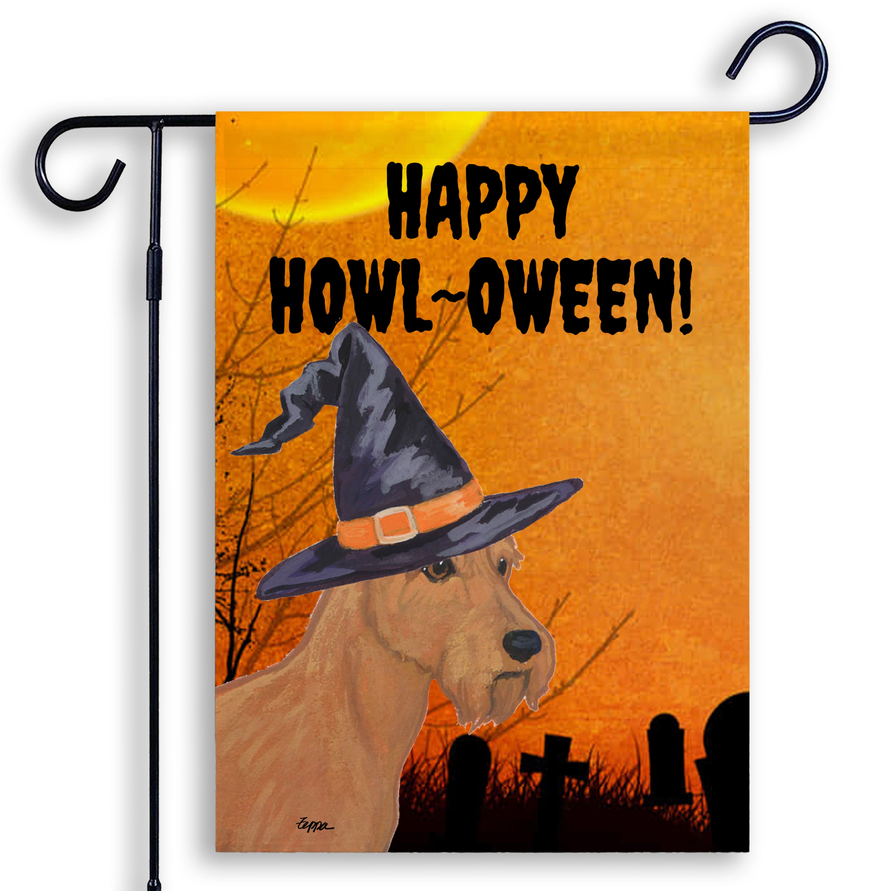 Halloween-themed garden flag with a Irish Terrier wearing a witch hat and 'Happy Howl-Oween!' text on an orange background.