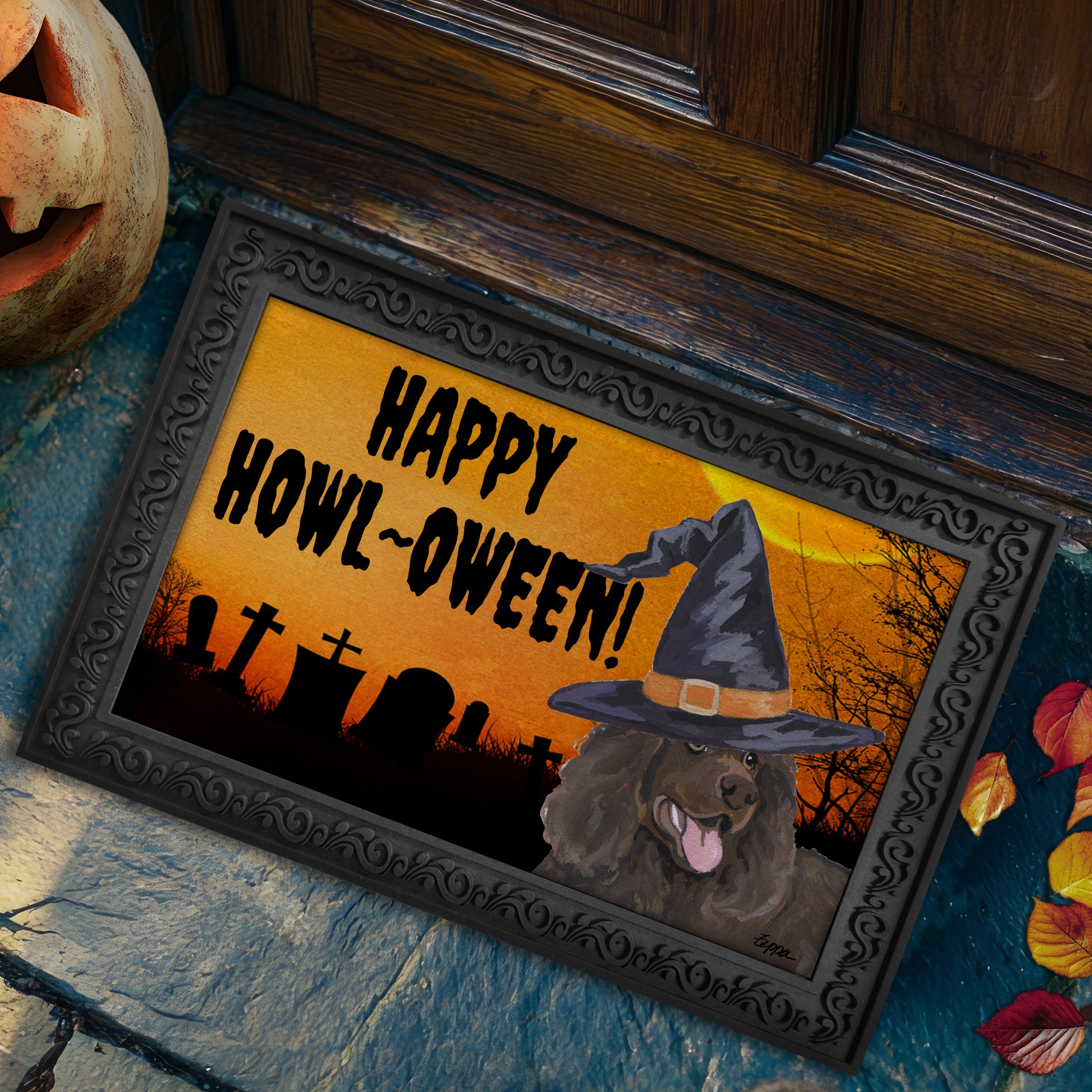Halloween-themed doormat with a Irish Water Spaniel wearing a witch hat and 'Happy Howl-Oween!' text, placed on a stone surface.