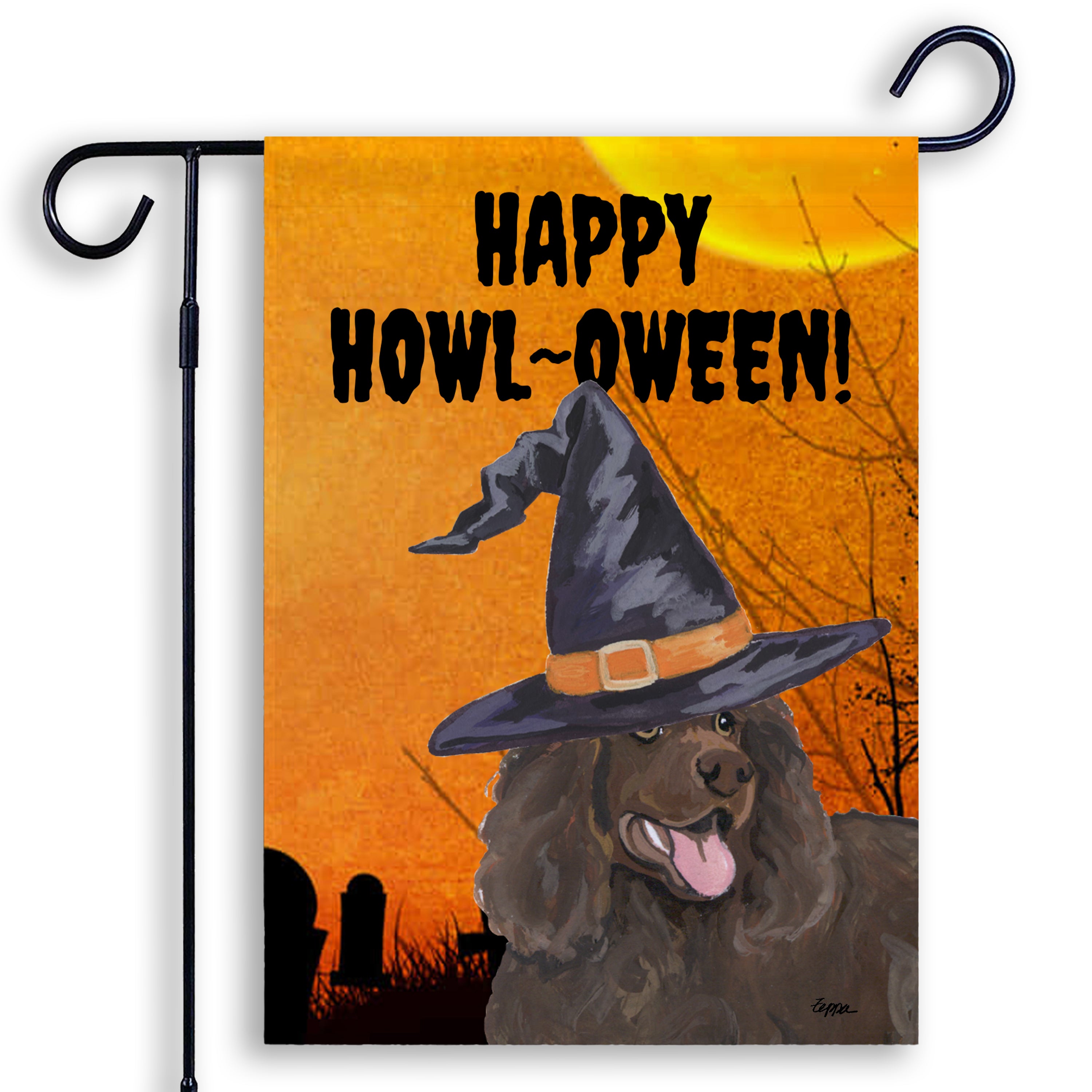Halloween-themed garden flag with a Irish Water Spaniel wearing a witch hat and 'Happy Howl-Oween!' text on an orange background.