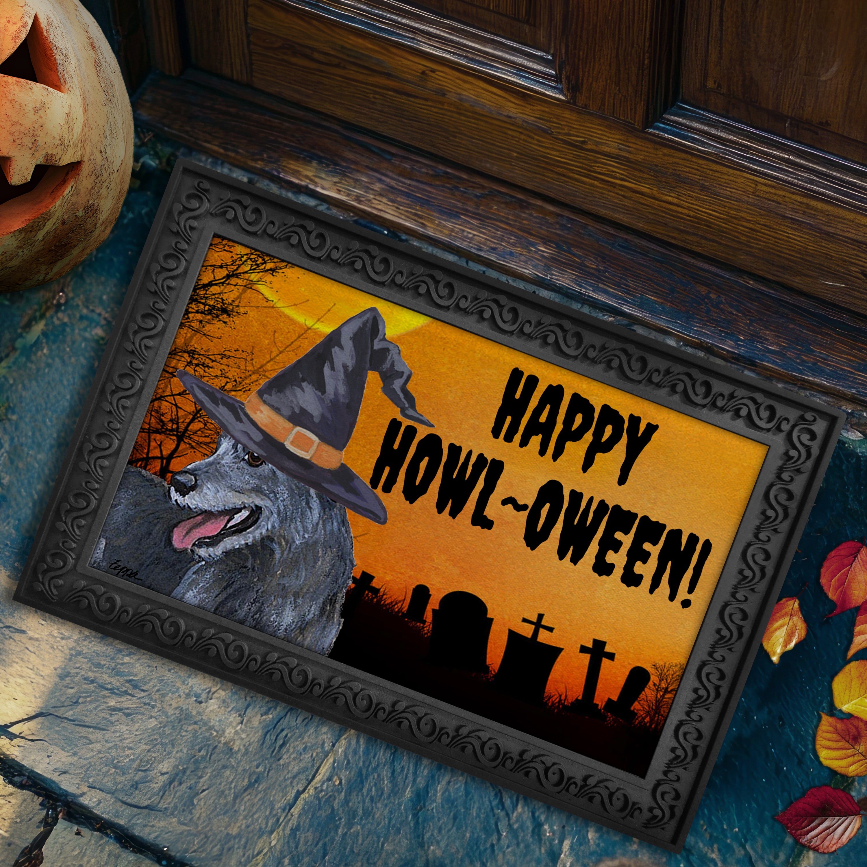 Halloween-themed doormat with a Irish Wolfhound wearing a witch hat and 'Happy Howl-Oween!' text, placed on a stone surface.