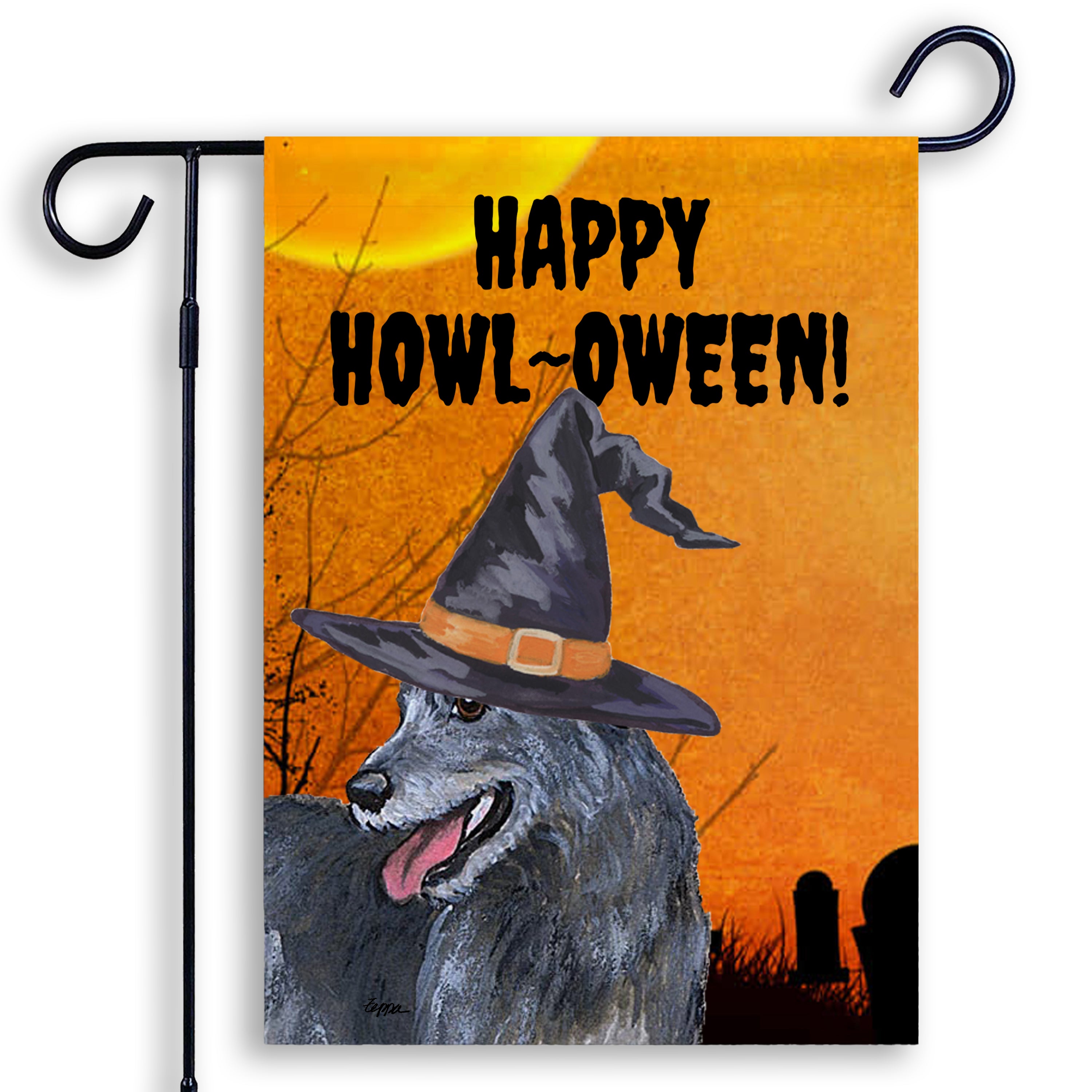 Halloween-themed garden flag with a Irish Wolfhound wearing a witch hat and 'Happy Howl-Oween!' text on an orange background.
