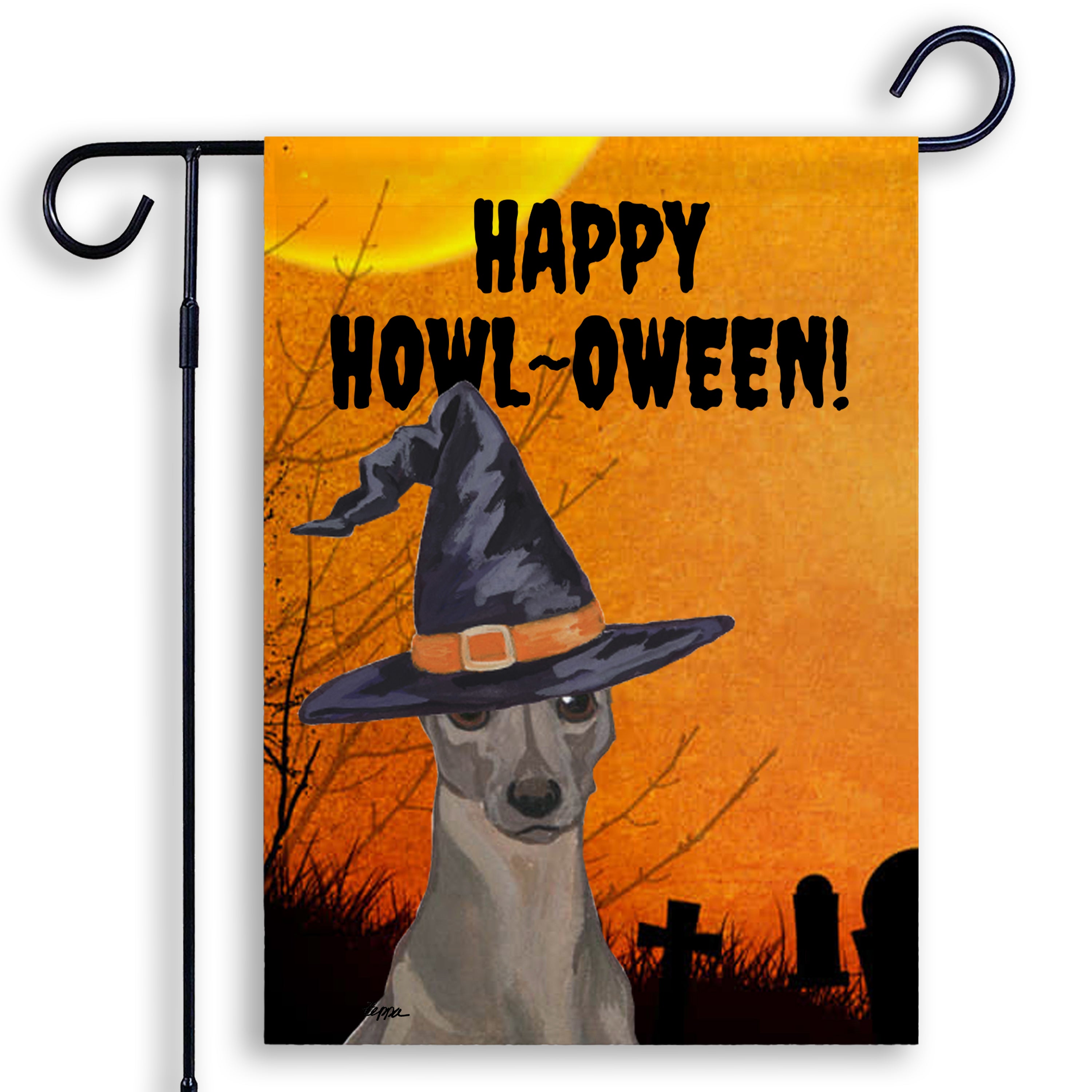 Halloween-themed garden flag with a Italian Greyhound wearing a witch hat and 'Happy Howl-Oween!' text on an orange background.