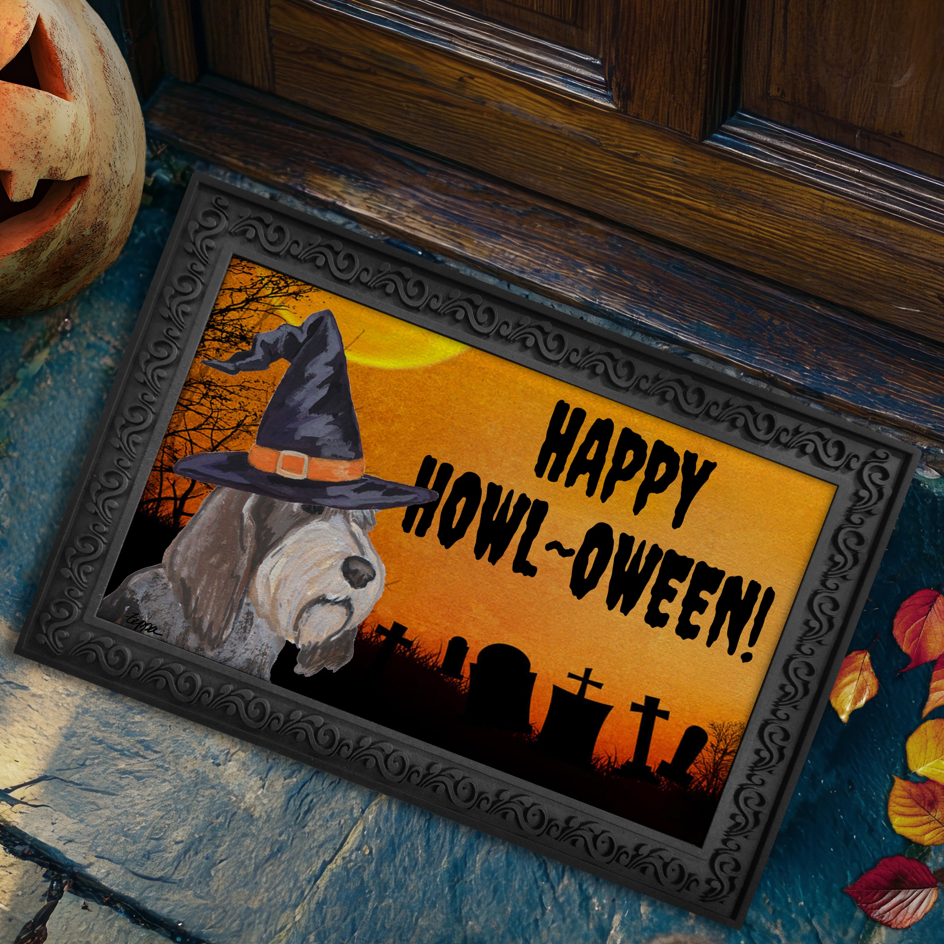 Halloween-themed doormat with a Italian Spinone wearing a witch hat and 'Happy Howl-Oween!' text, placed on a stone surface.