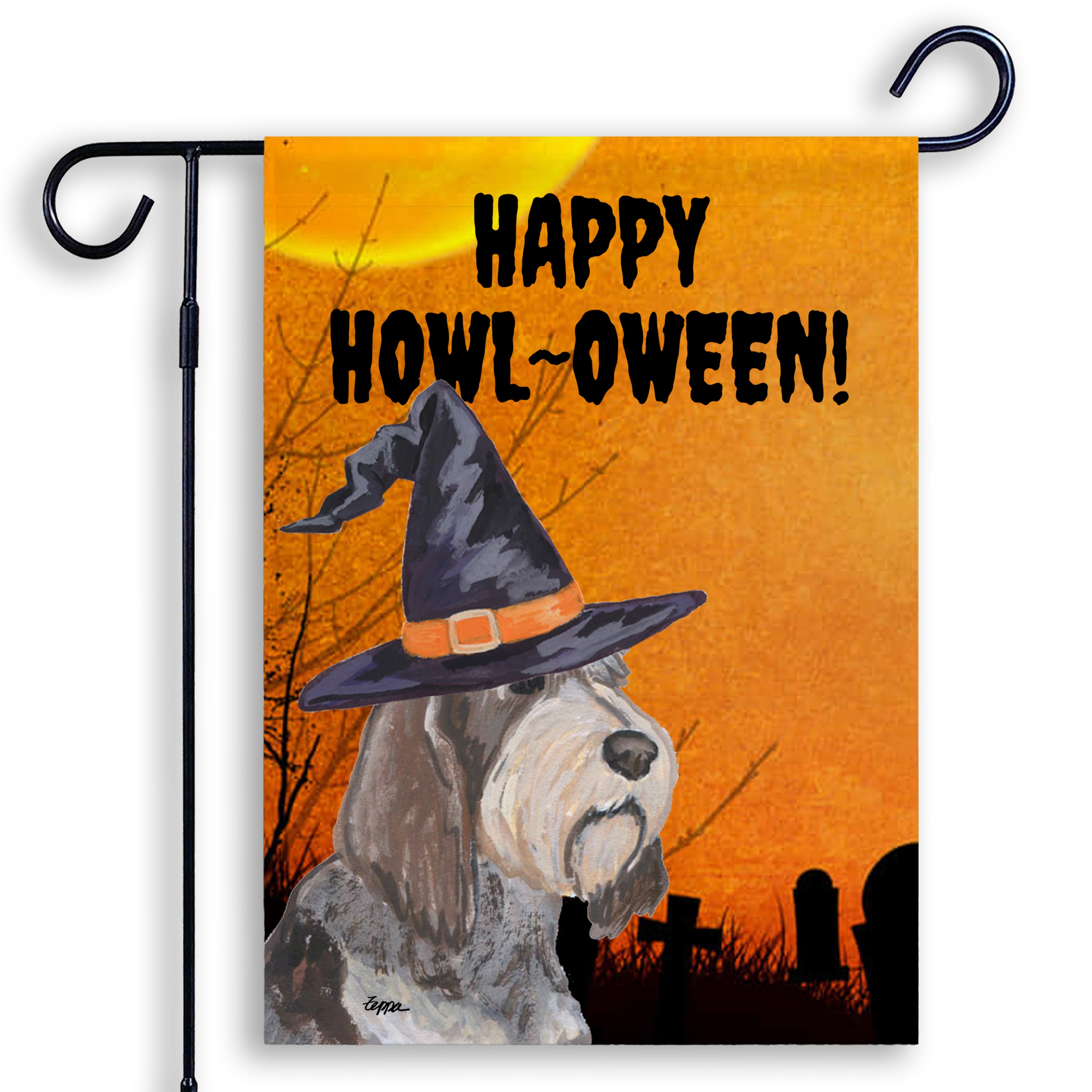 Halloween-themed garden flag with a Italian Spinone wearing a witch hat and 'Happy Howl-Oween!' text on an orange background.