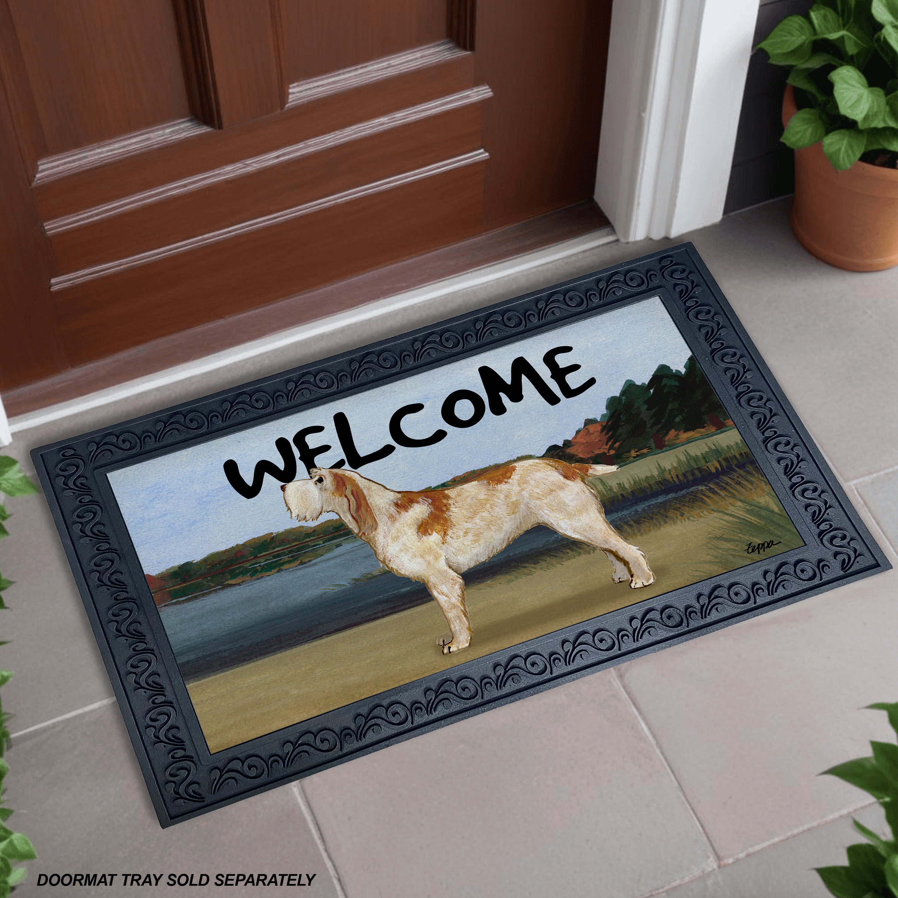 Orange and White Italian Spinone Lake Scene Welcome Mat