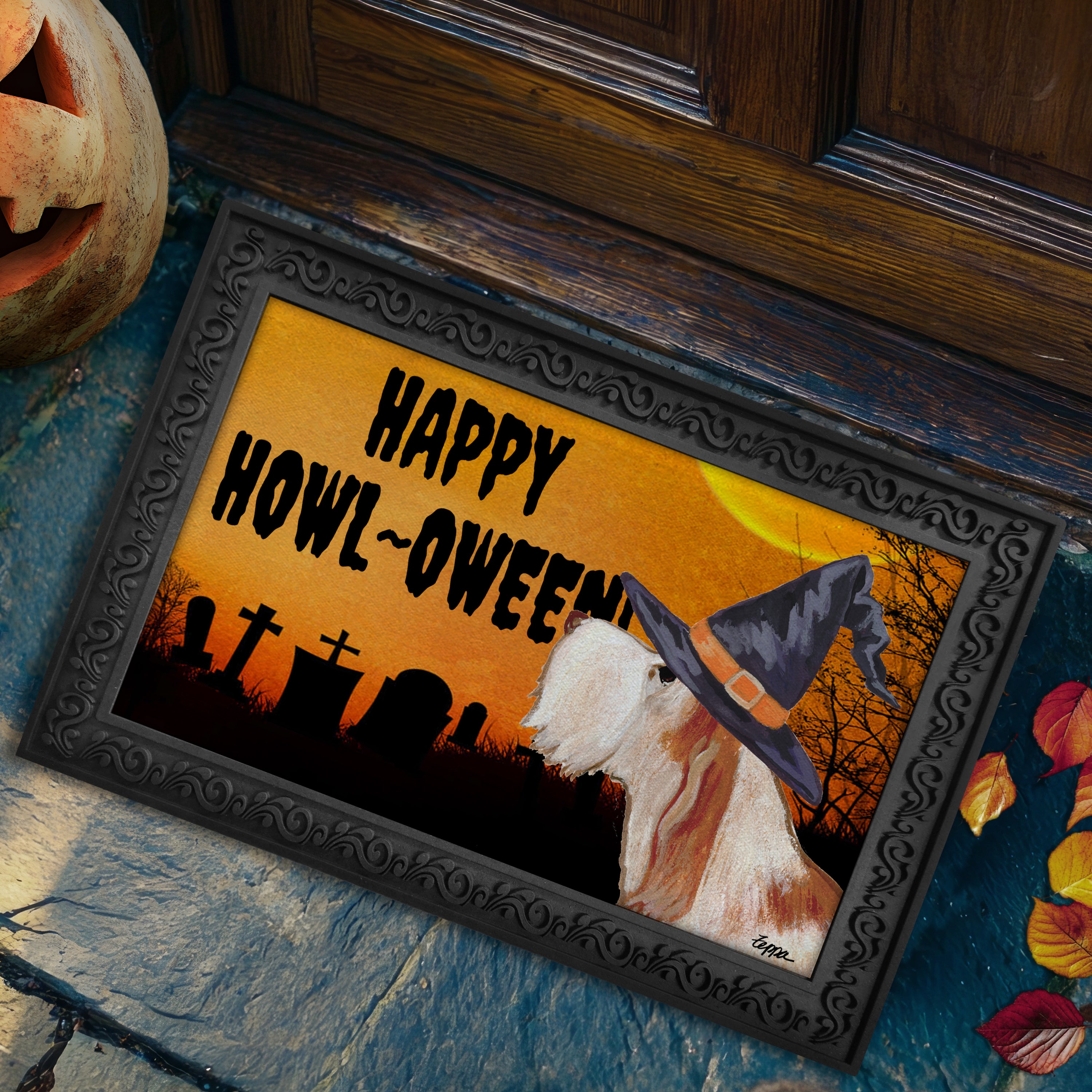 Halloween-themed doormat with a Italian Spinone wearing a witch hat and 'Happy Howl-Oween!' text, placed on a stone surface.