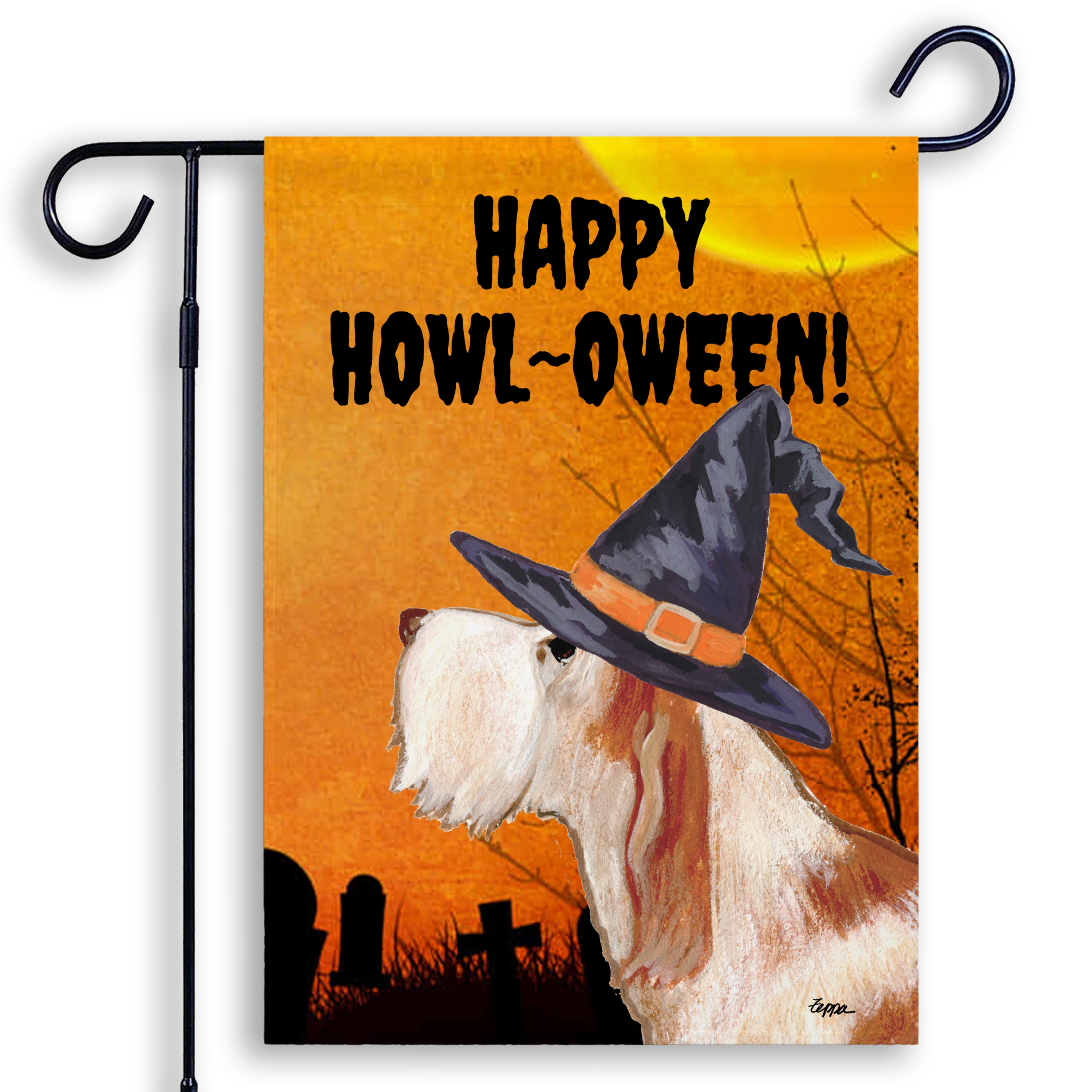Halloween-themed garden flag with a Italian Spinone wearing a witch hat and 'Happy Howl-Oween!' text on an orange background.