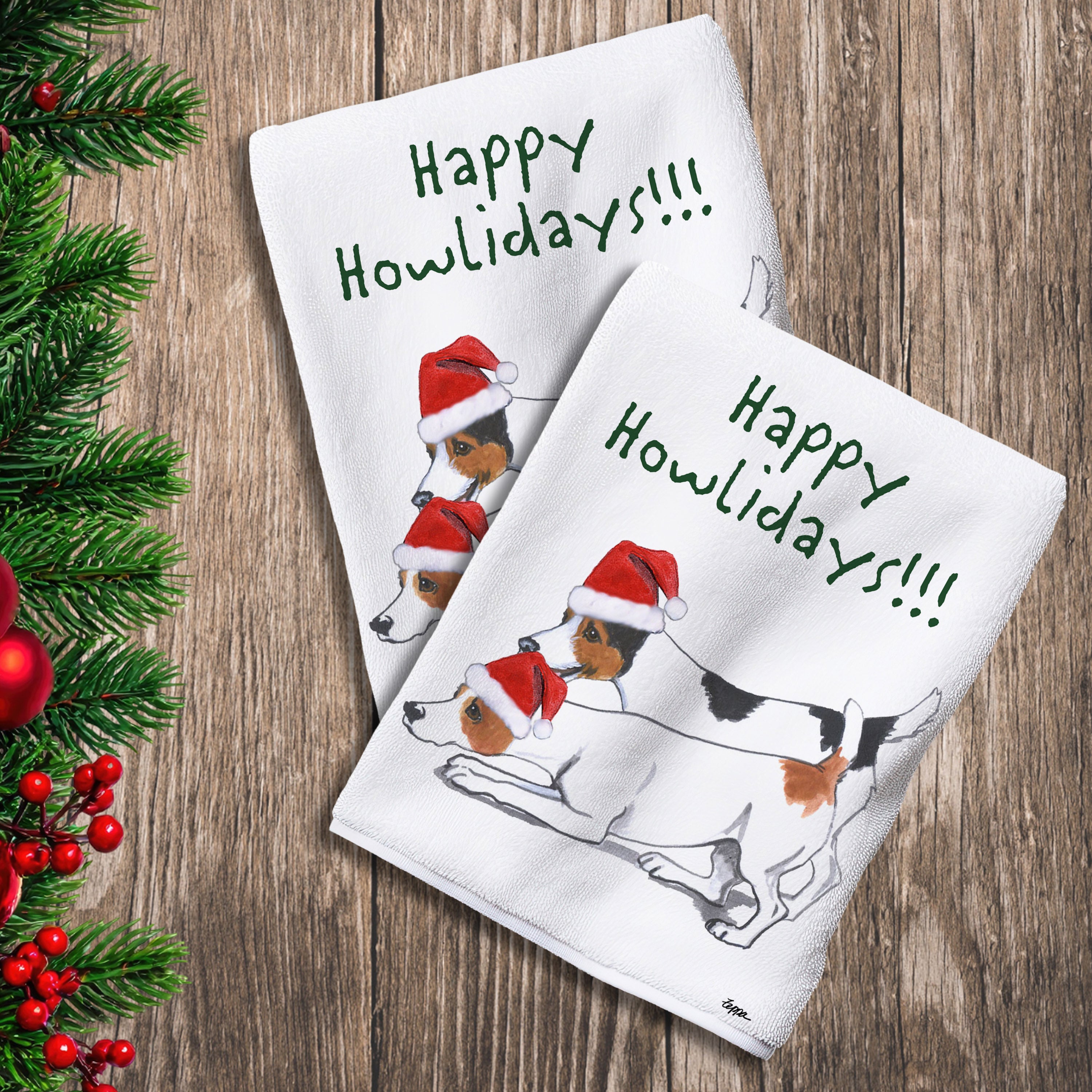 2 Kitchen Towels with a pair of Jack Russell Terriers in a Santa Hat and Happy Howlidays text.