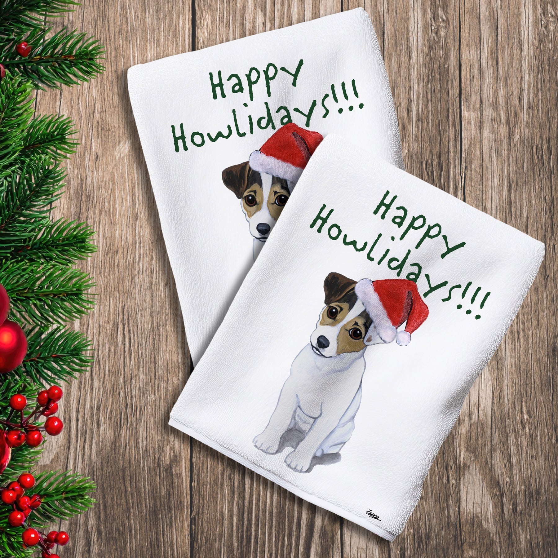 2 Kitchen Towels with a Jack Russell Terrier puppy in a Santa Hat and Happy Howlidays text.