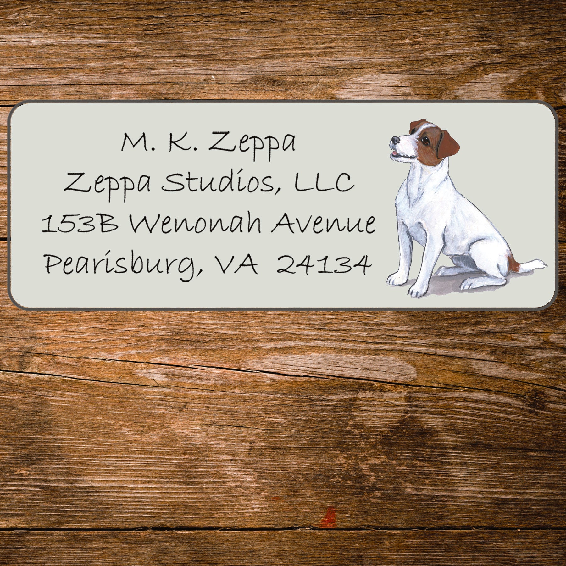 Return address label with a Jack Russel Terrier illustration.
