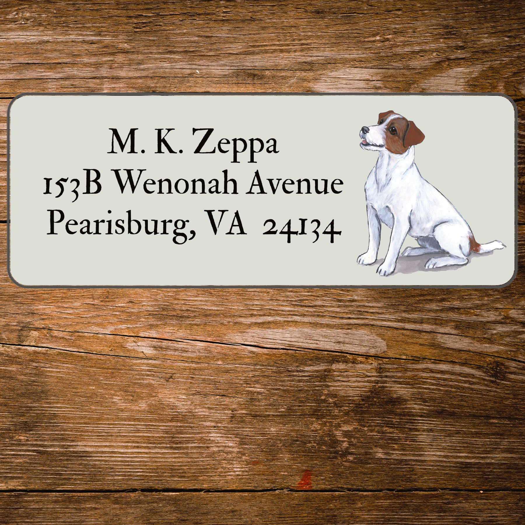 Return address label with a Jack Russel Terrier illustration.
