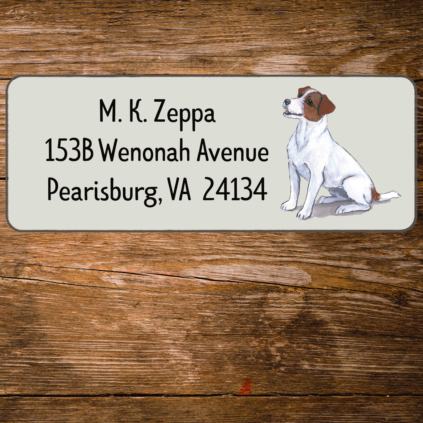 Return address label with a Jack Russel Terrier illustration.