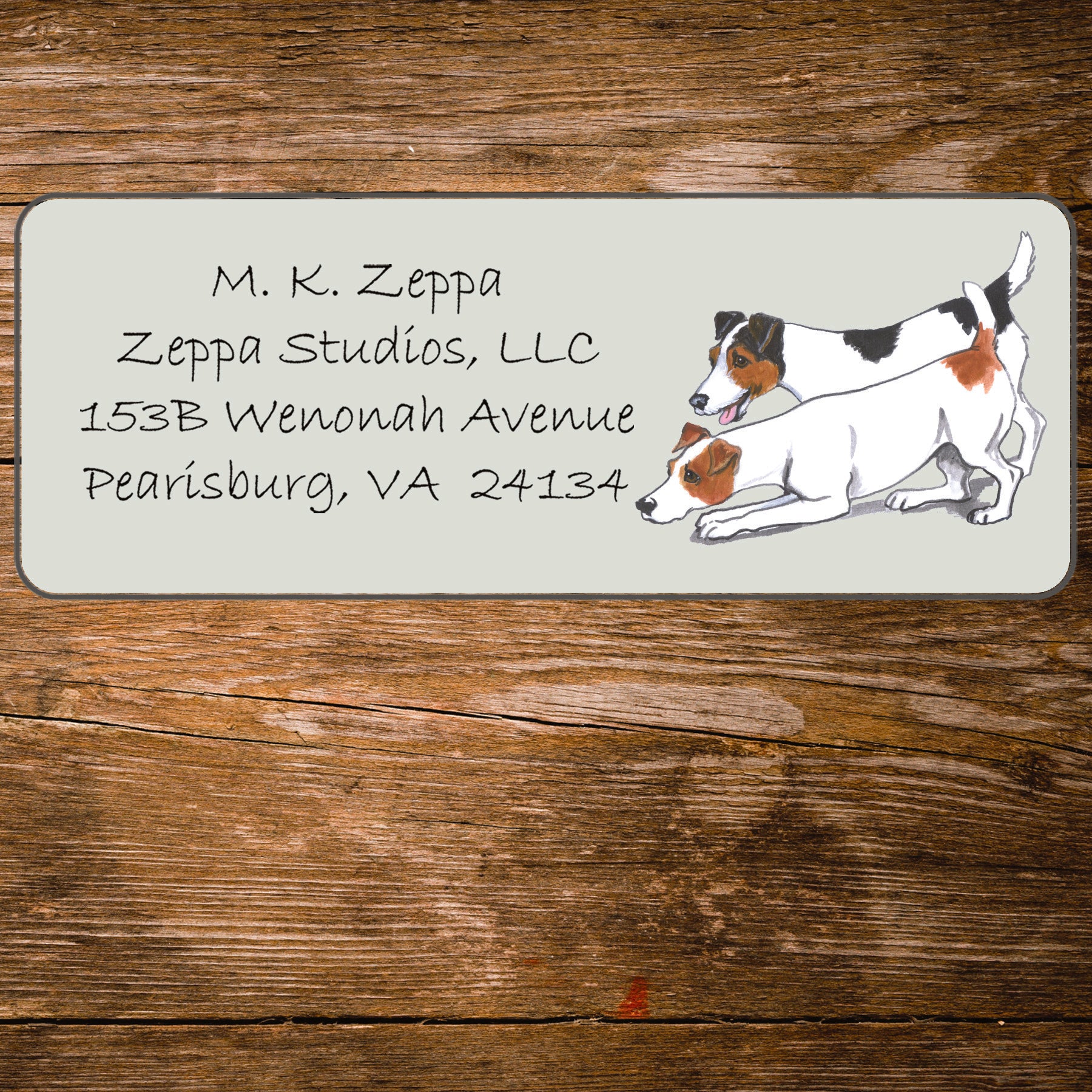 Return address label with a Jack Russel Terrier illustration.