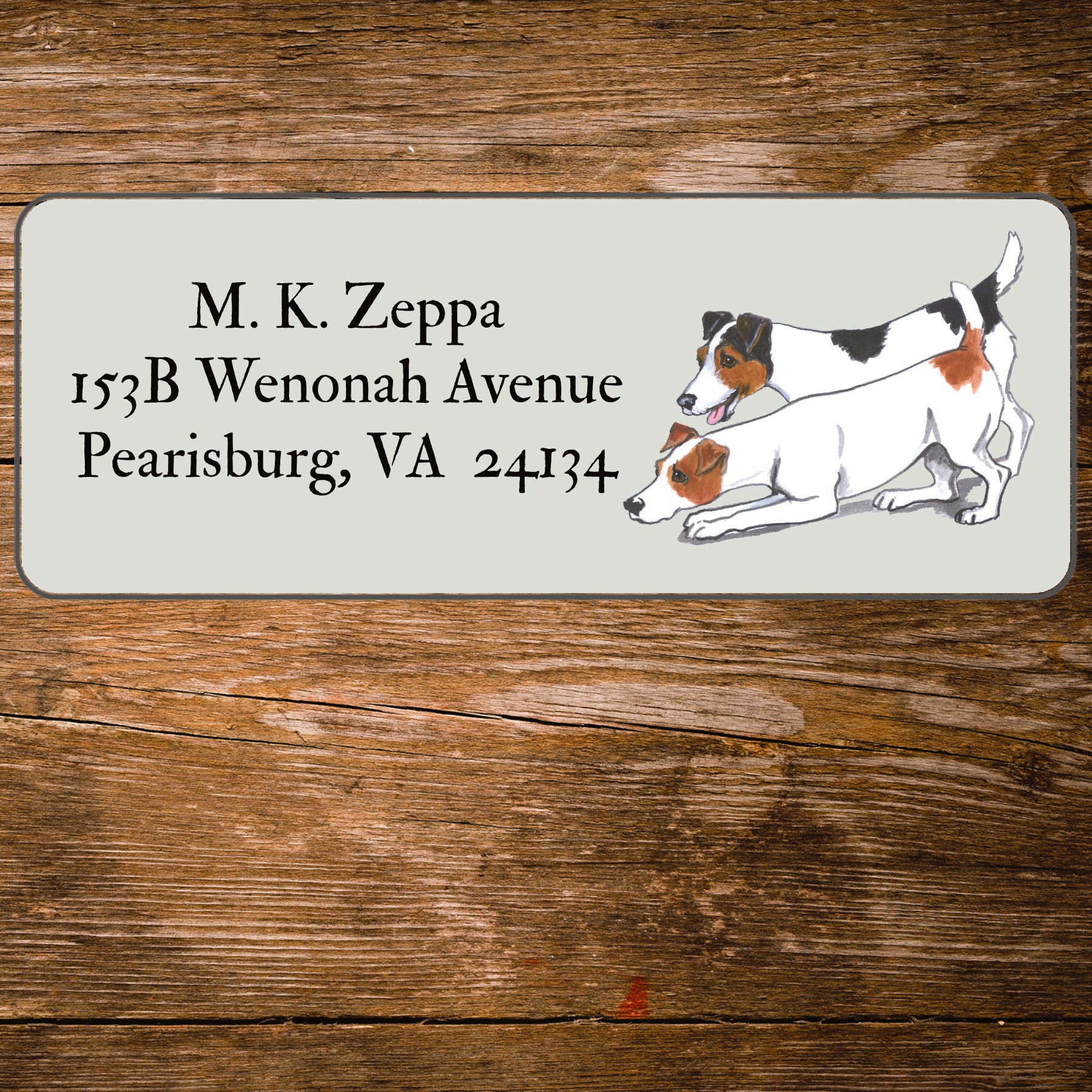 Return address label with a Jack Russel Terrier illustration.