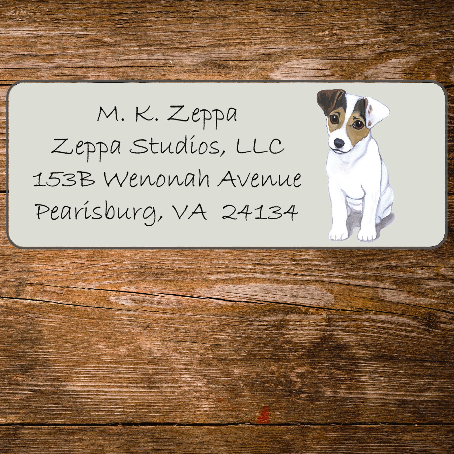 Return address label with a Jack Russel Terrier illustration.
