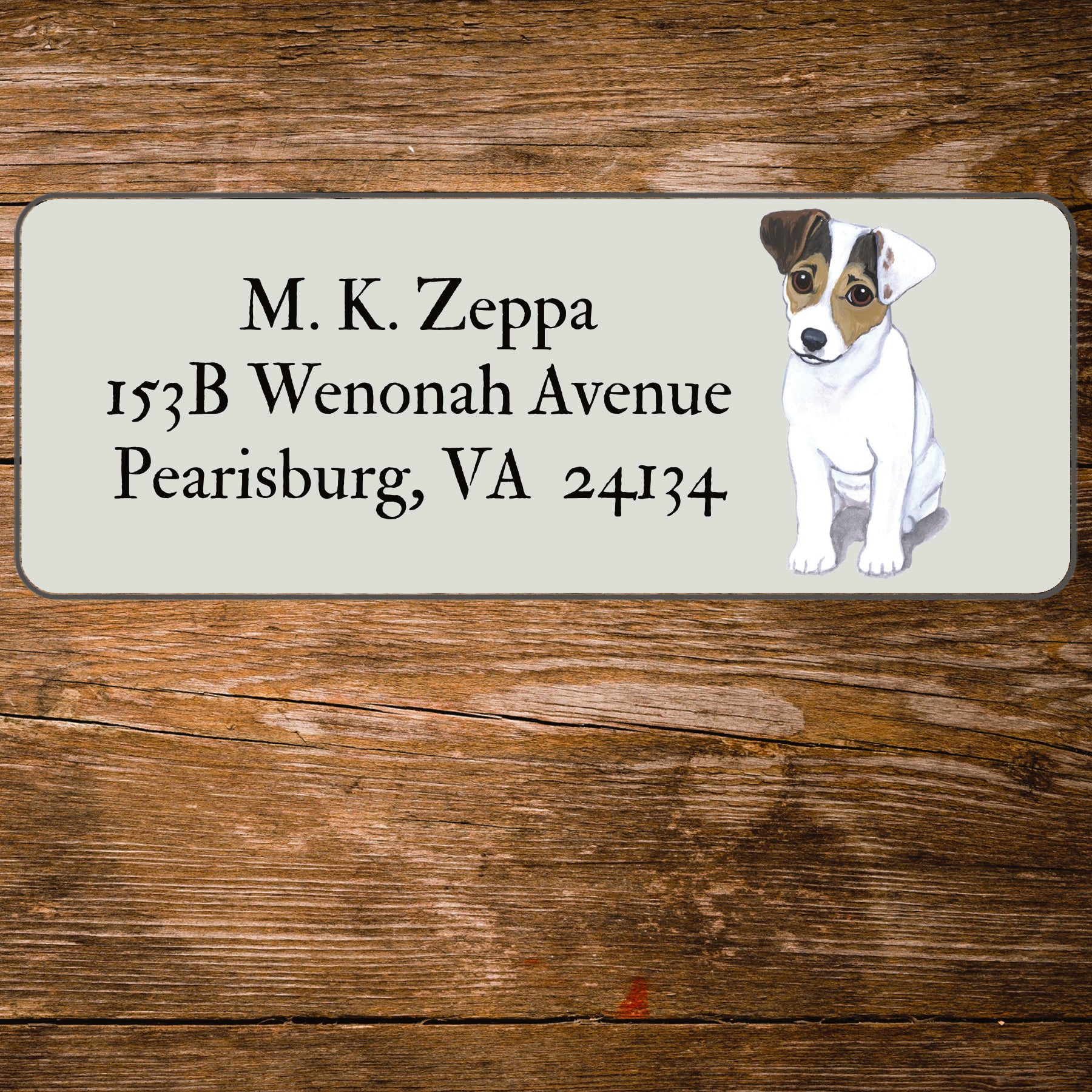 Return address label with a Jack Russel Terrier illustration.