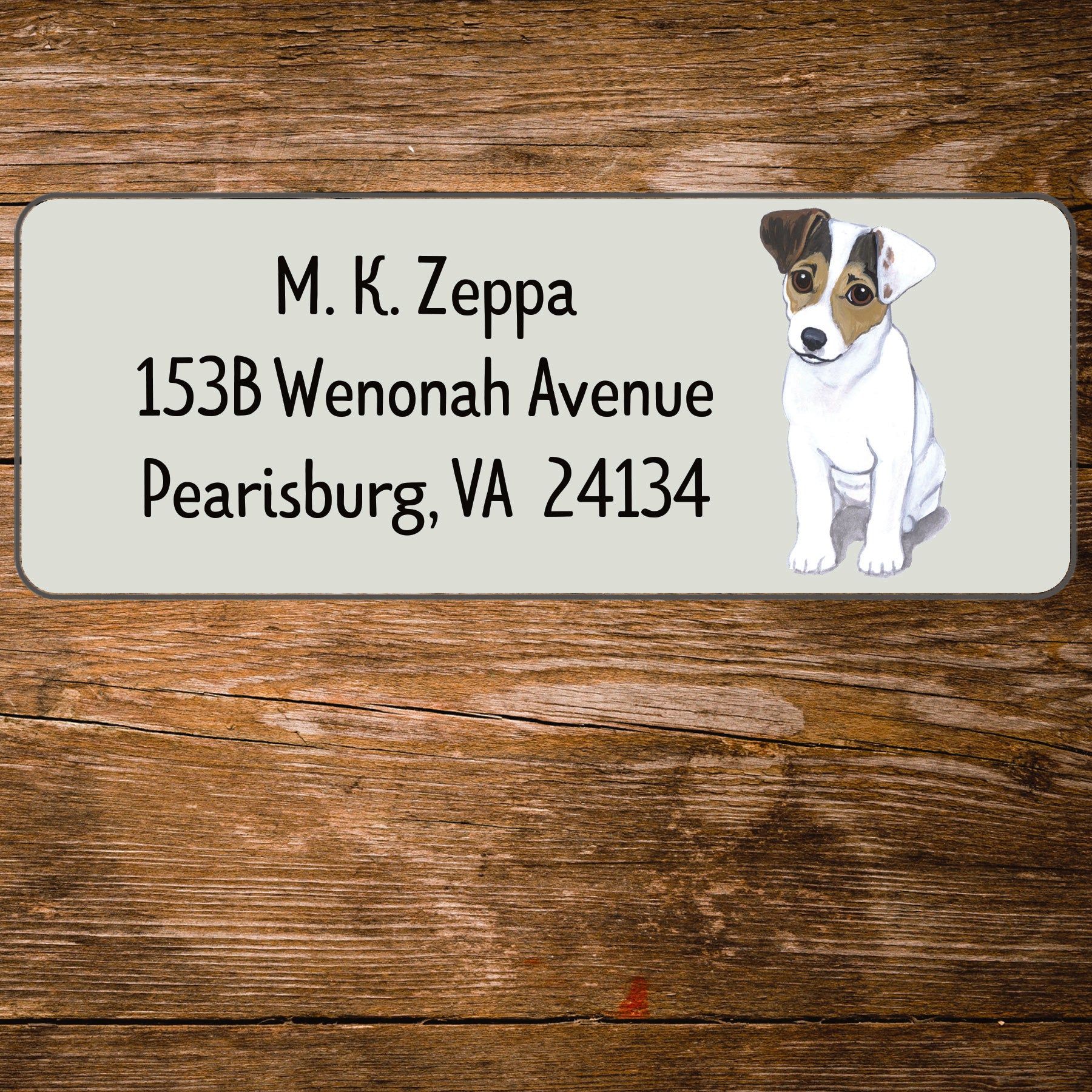 Return address label with a Jack Russel Terrier illustration.