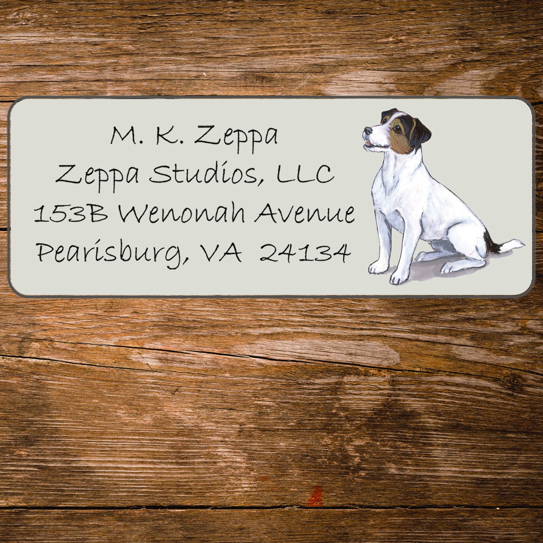 Return address label with a Jack Russel Terrier illustration.