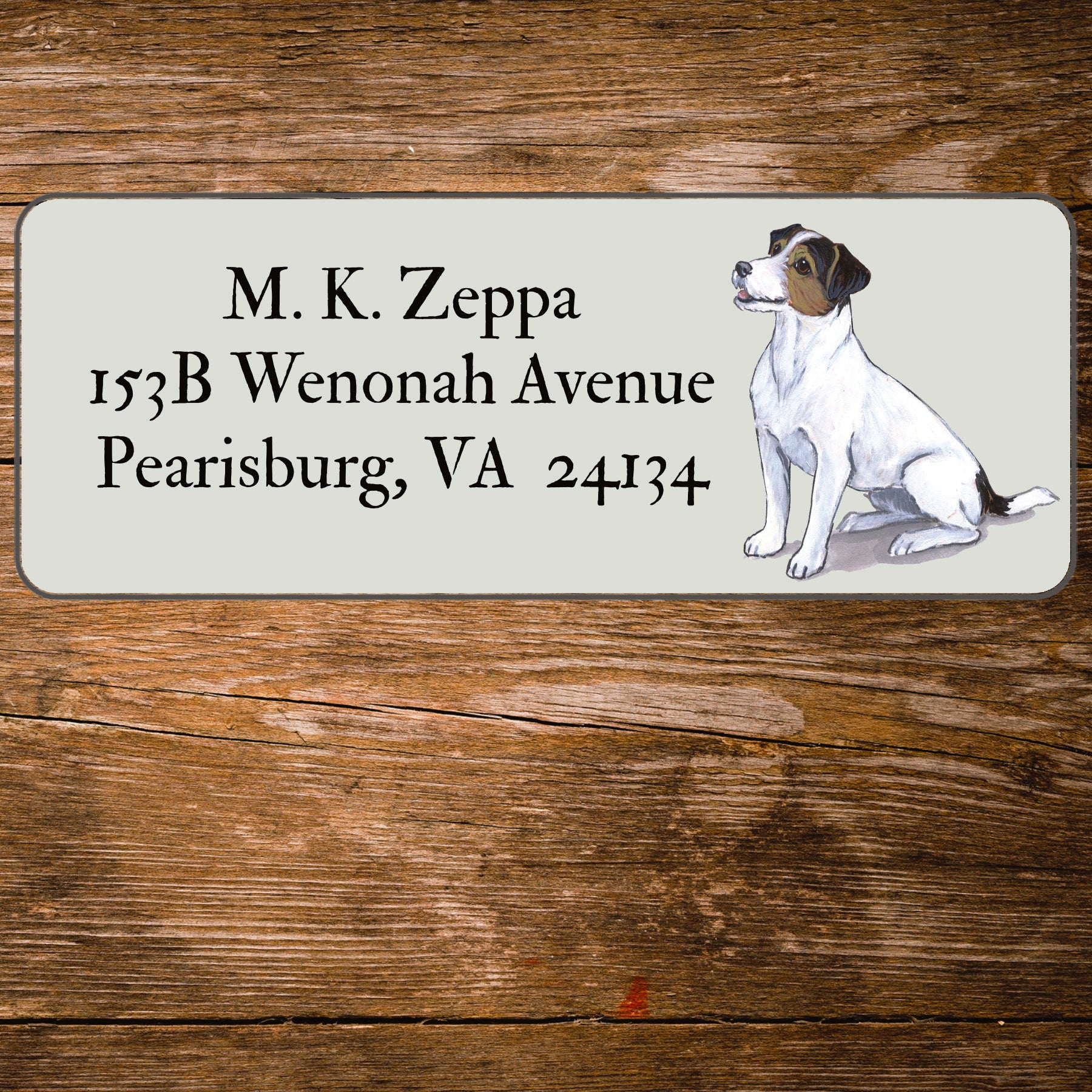 Return address label with a Jack Russel Terrier illustration.