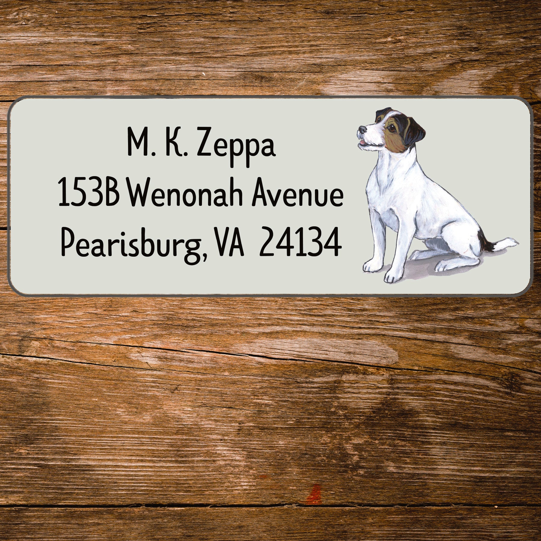 Return address label with a Jack Russel Terrier illustration.