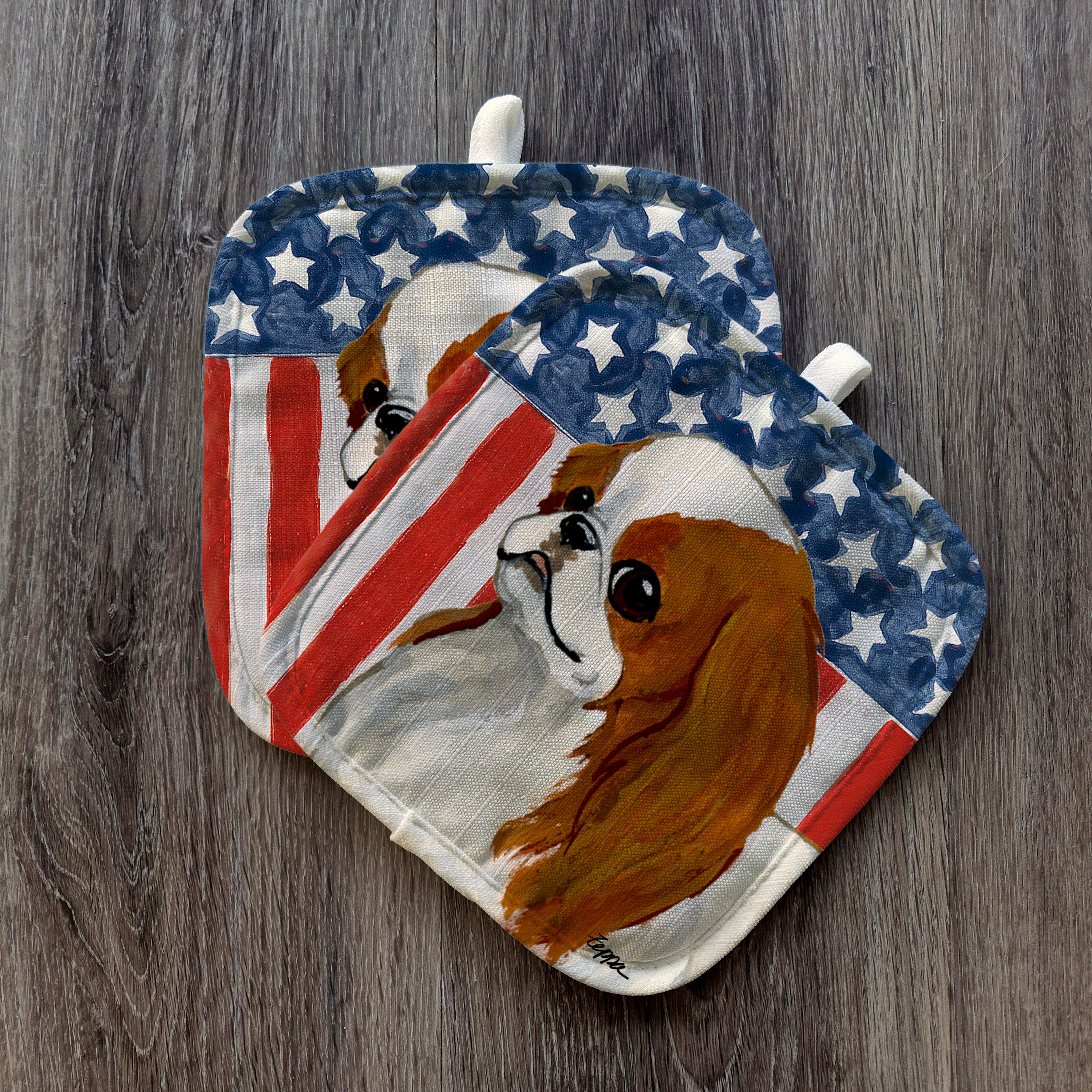 Red and White Japanese Chin Americana Pot Holders