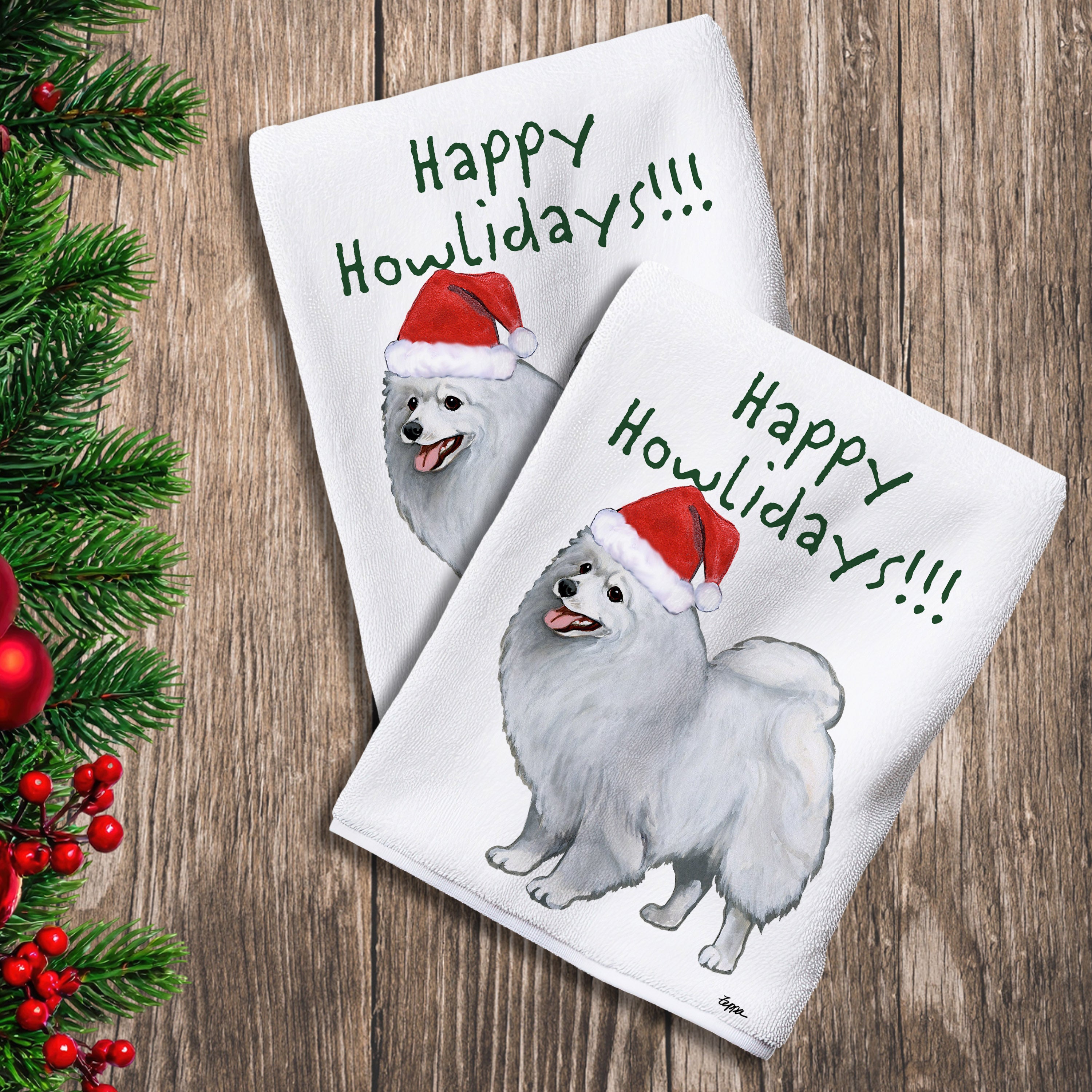 2 Kitchen Towels with a Japanese Spitz in a Santa Hat and Happy Howlidays text.