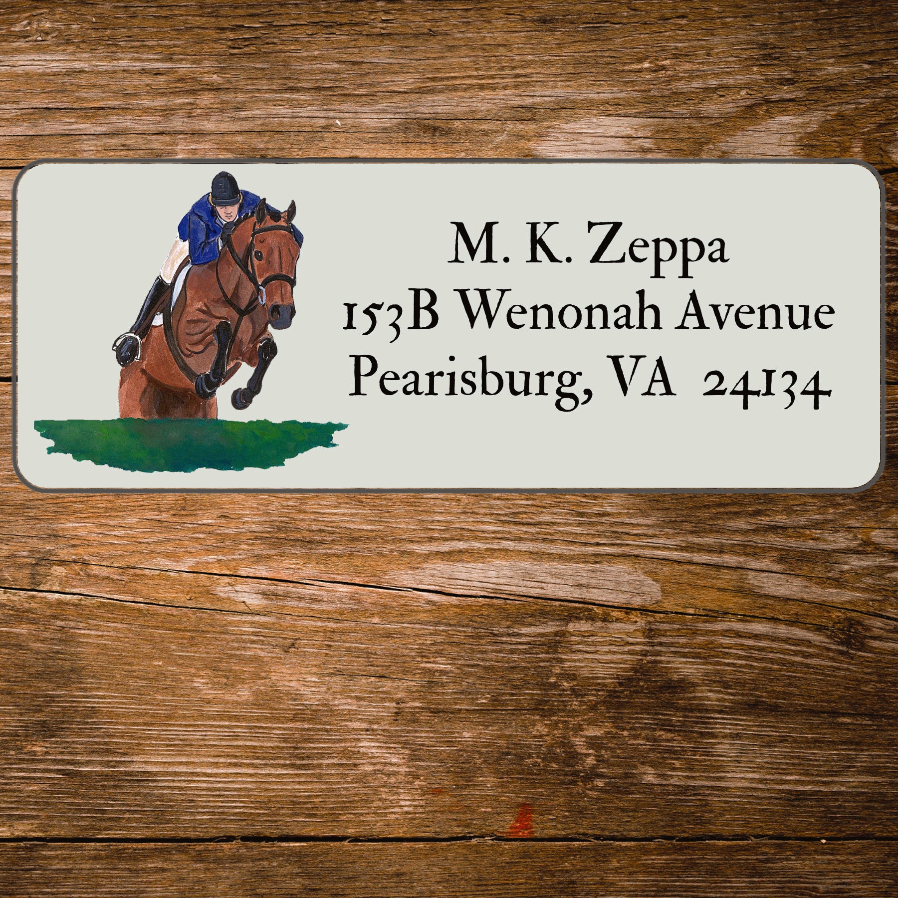 Address label with an Arabian Horse illustration on a wooden background