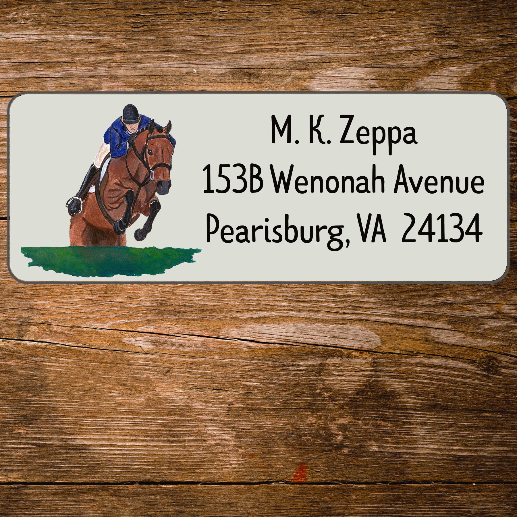 Address label with an Arabian Horse illustration on a wooden background