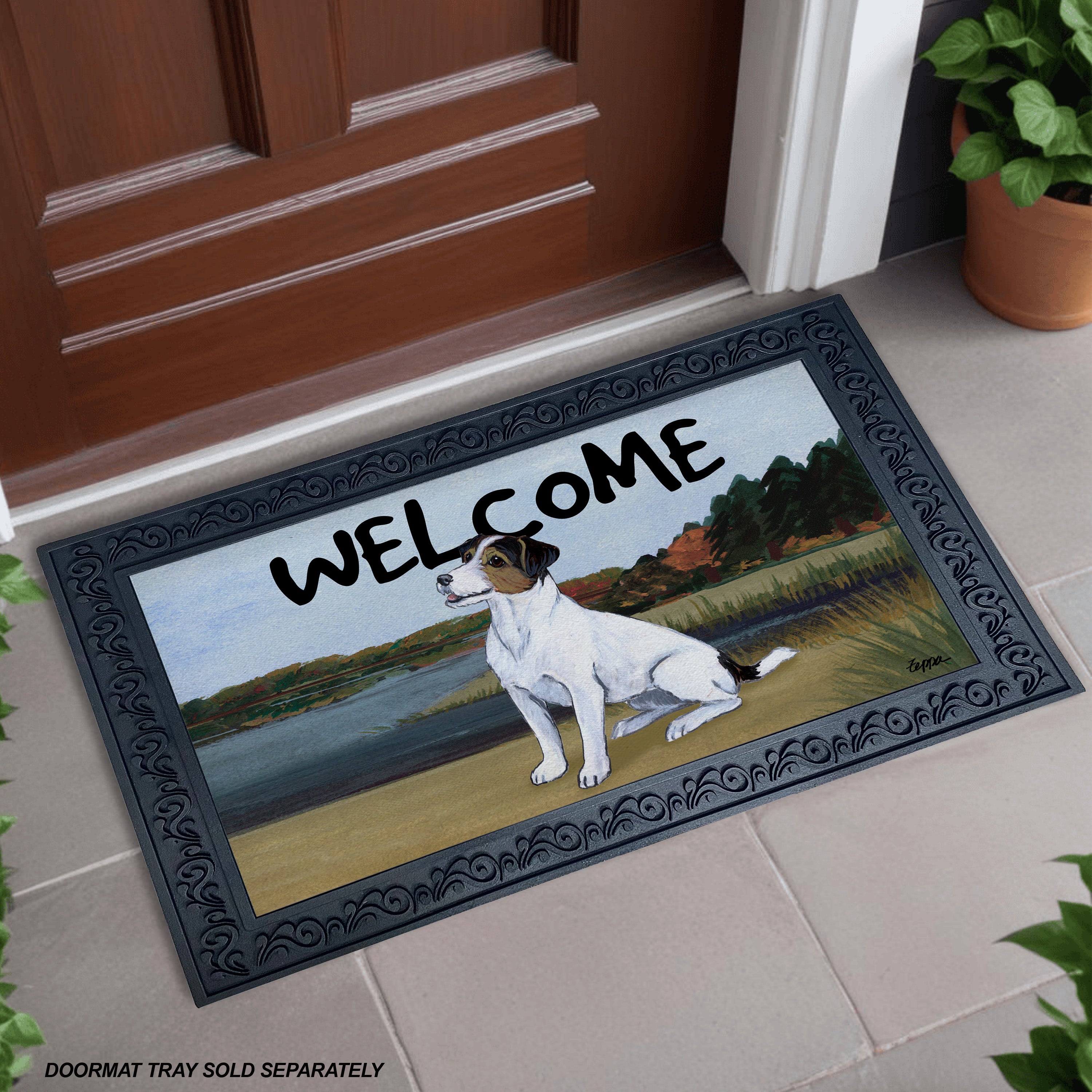 Tri Jack Russell Terrier Lake Scene Welcome Mat