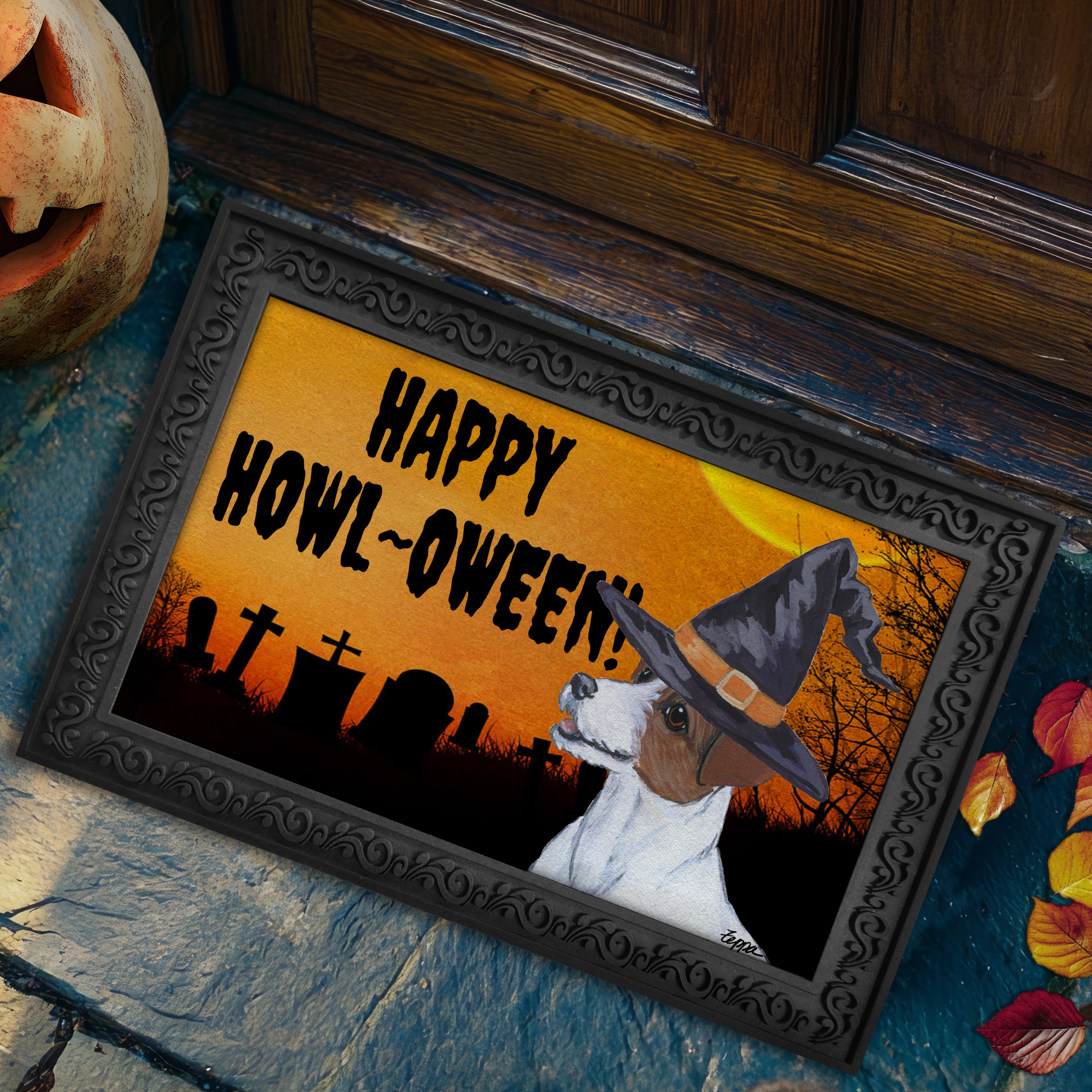 Halloween-themed doormat with a Jack Russell Terrier wearing a witch hat and 'Happy Howl-Oween!' text, placed on a stone surface.