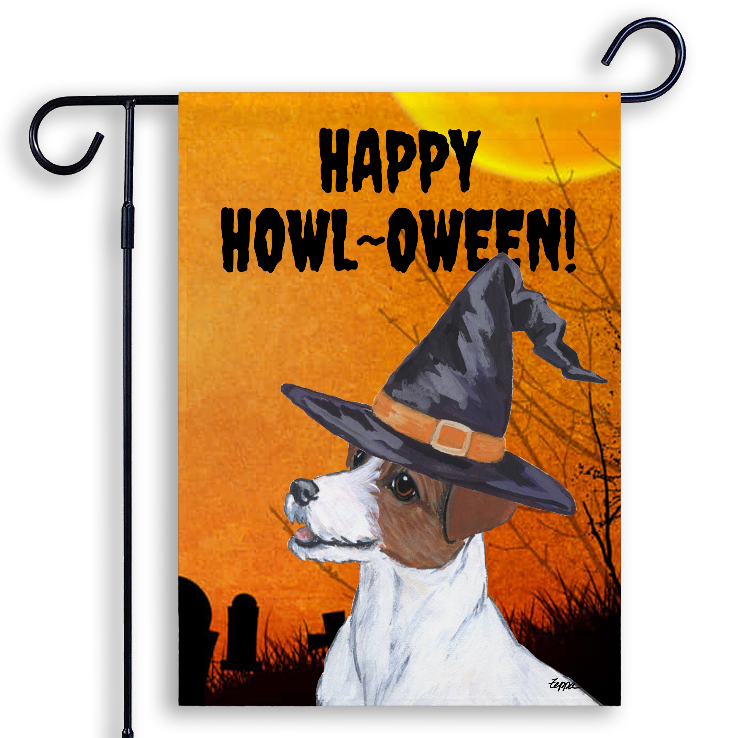 Halloween-themed garden flag with a Jack Russell Terrier wearing a witch hat and 'Happy Howl-Oween!' text on an orange background.