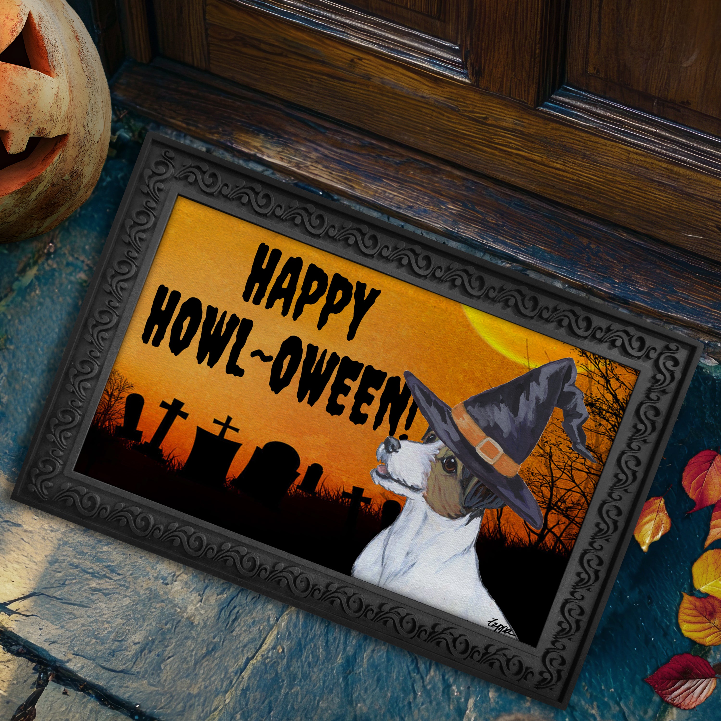 Halloween-themed doormat with a Jack Russell Terrier wearing a witch hat and 'Happy Howl-Oween!' text, placed on a stone surface.