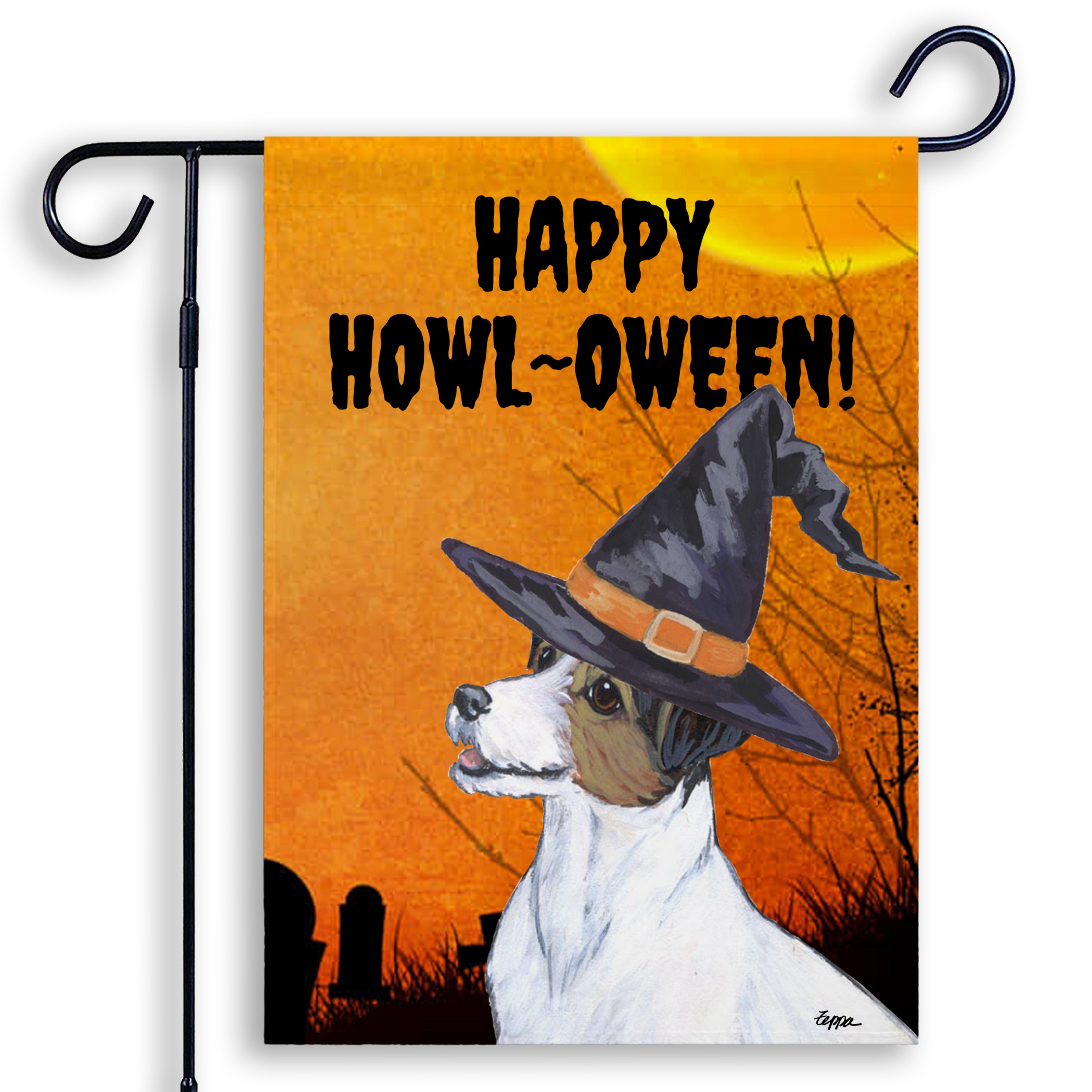 Halloween-themed garden flag with a Jack Russell Terrier wearing a witch hat and 'Happy Howl-Oween!' text on an orange background.