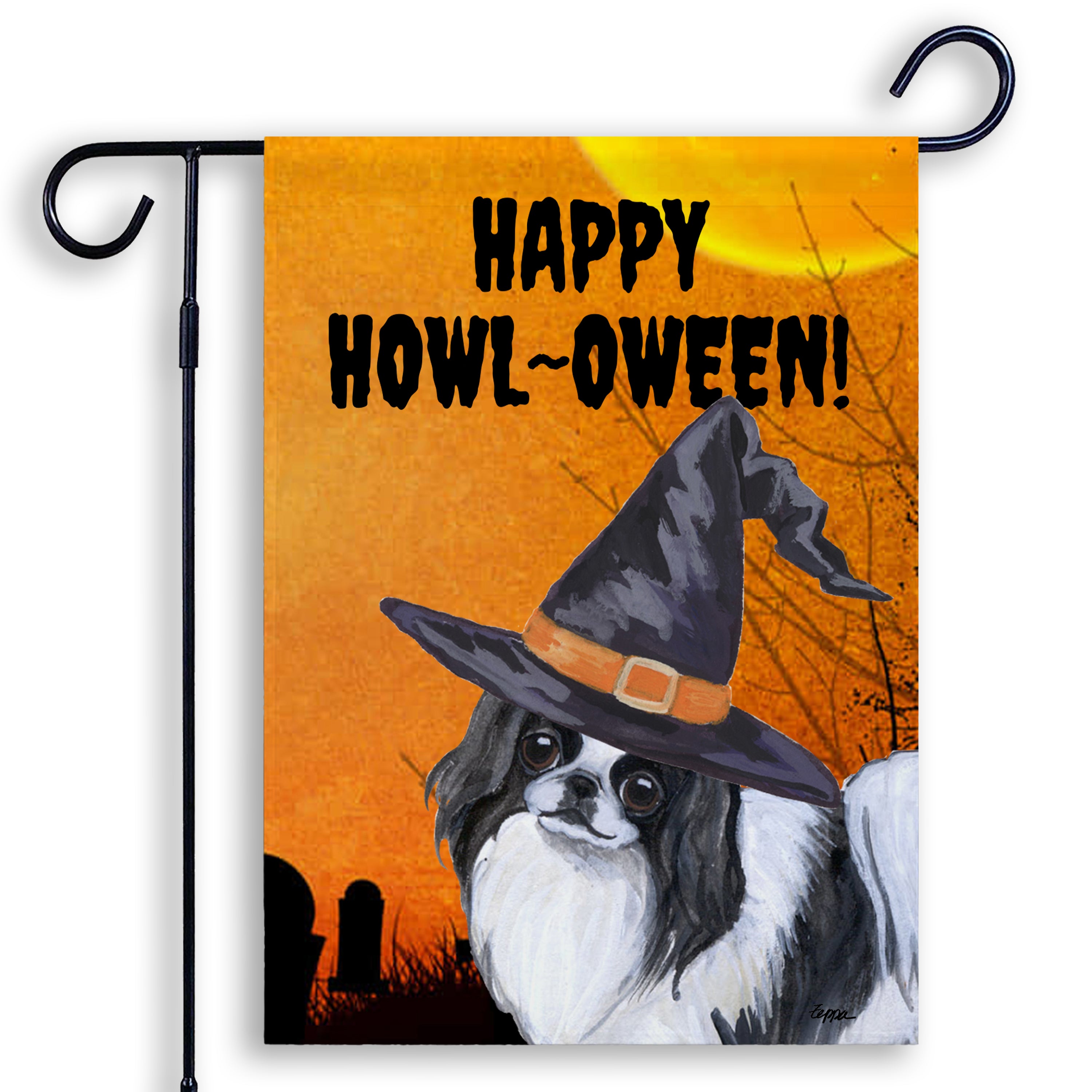Halloween-themed garden flag with a Japanese Chin wearing a witch hat and 'Happy Howl-Oween!' text on an orange background.
