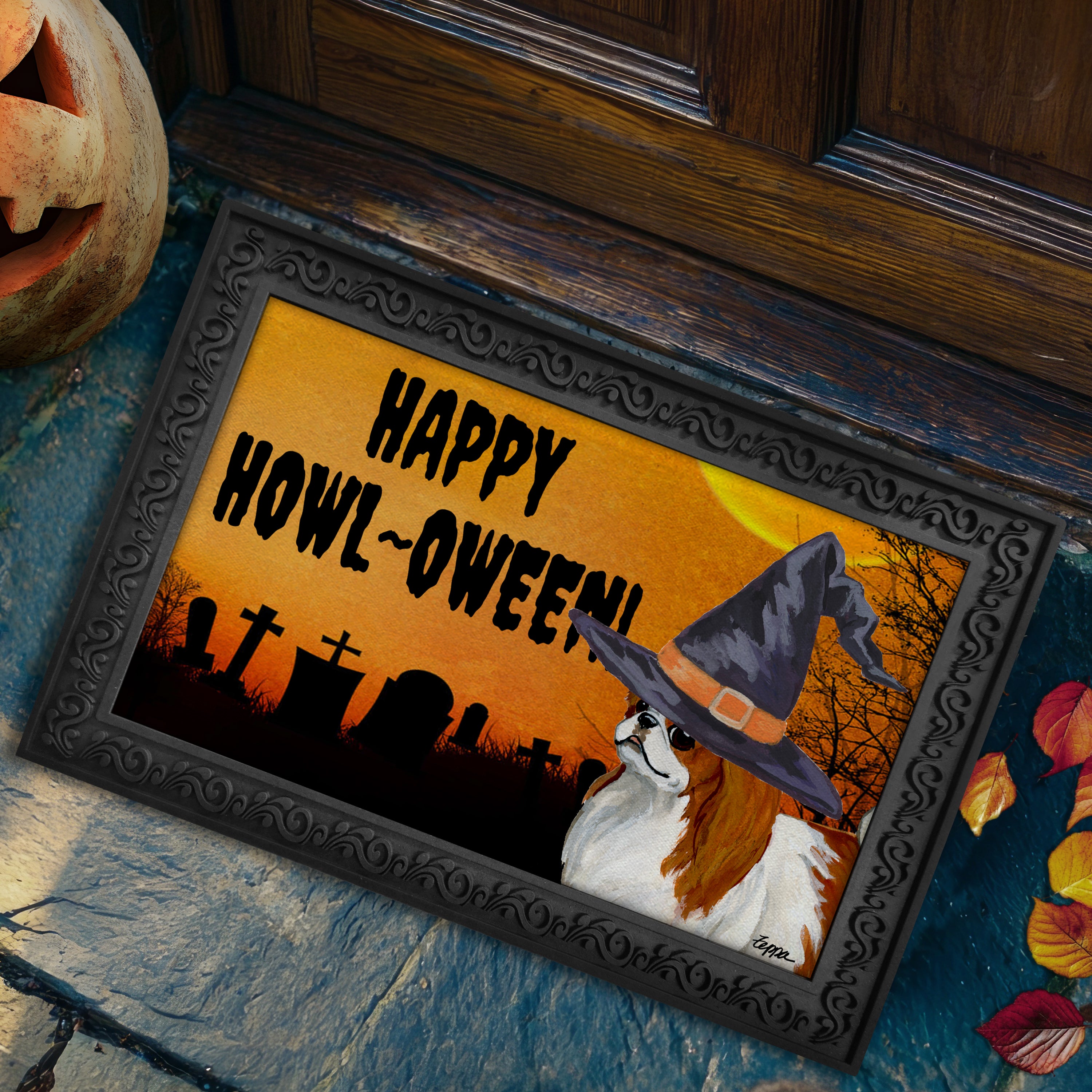 Halloween-themed doormat with a Japanese Chin wearing a witch hat and 'Happy Howl-Oween!' text, placed on a stone surface.