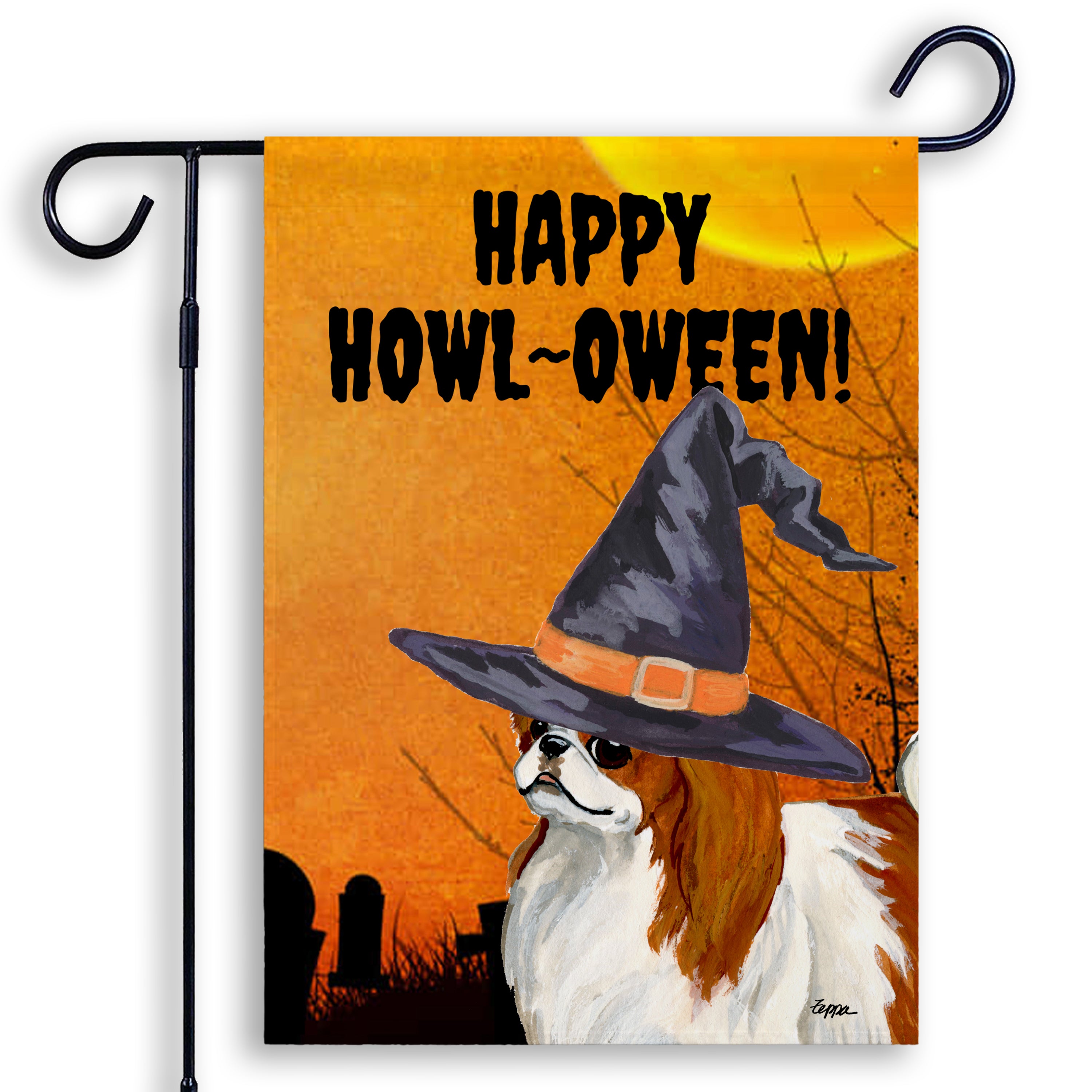 Halloween-themed garden flag with a Japanese Chin wearing a witch hat and 'Happy Howl-Oween!' text on an orange background.