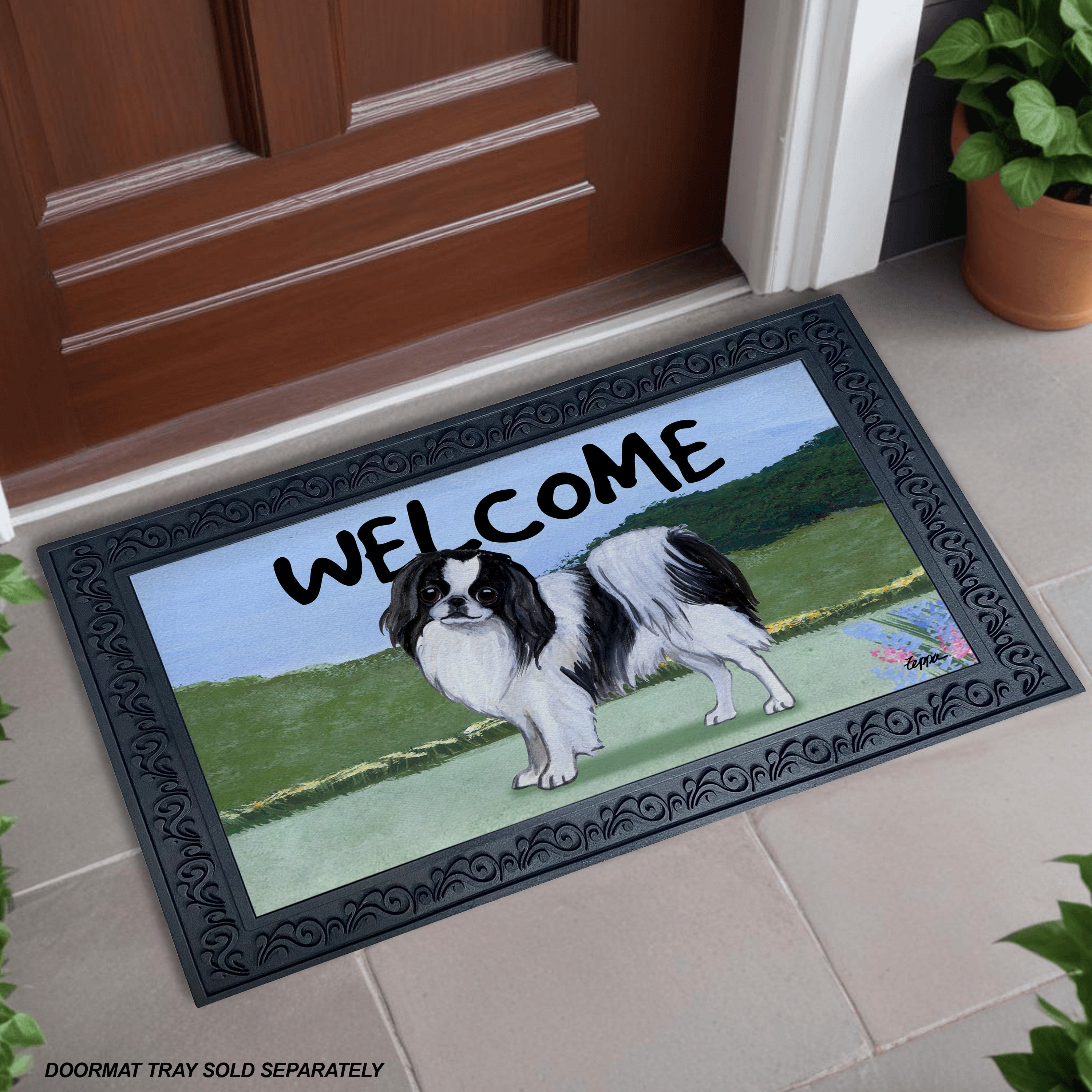 Japanese Chin Yard Scene Welcome Mat