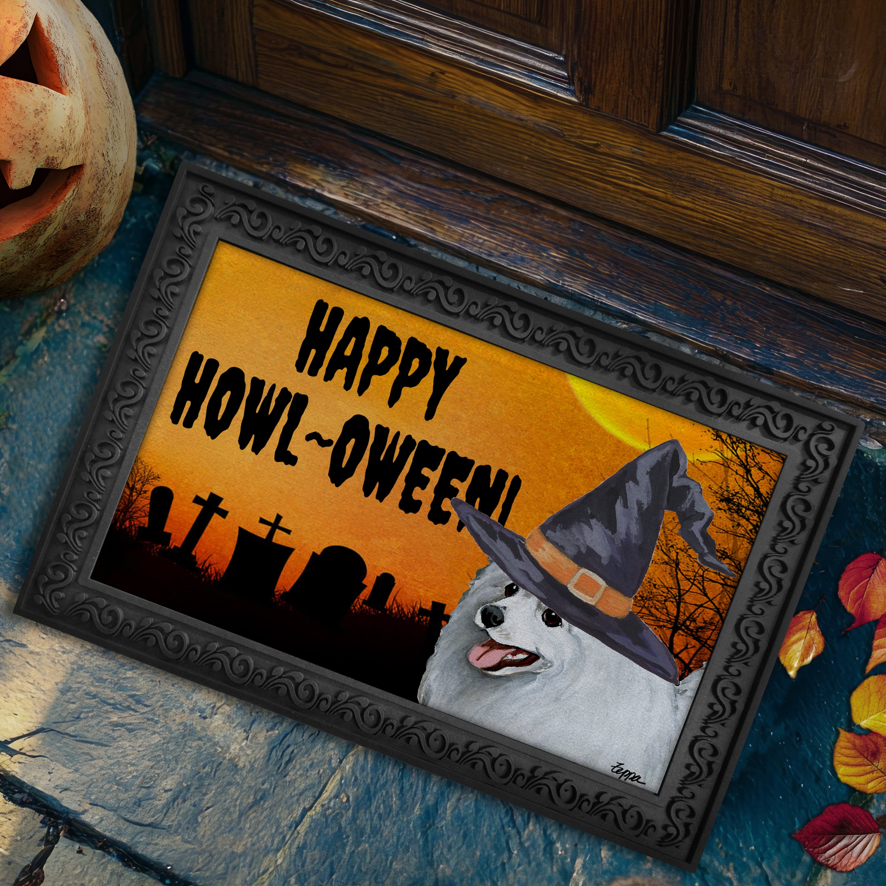 Japanese Spitz in a witch's hat on a Happy Howl-ween doormat.
