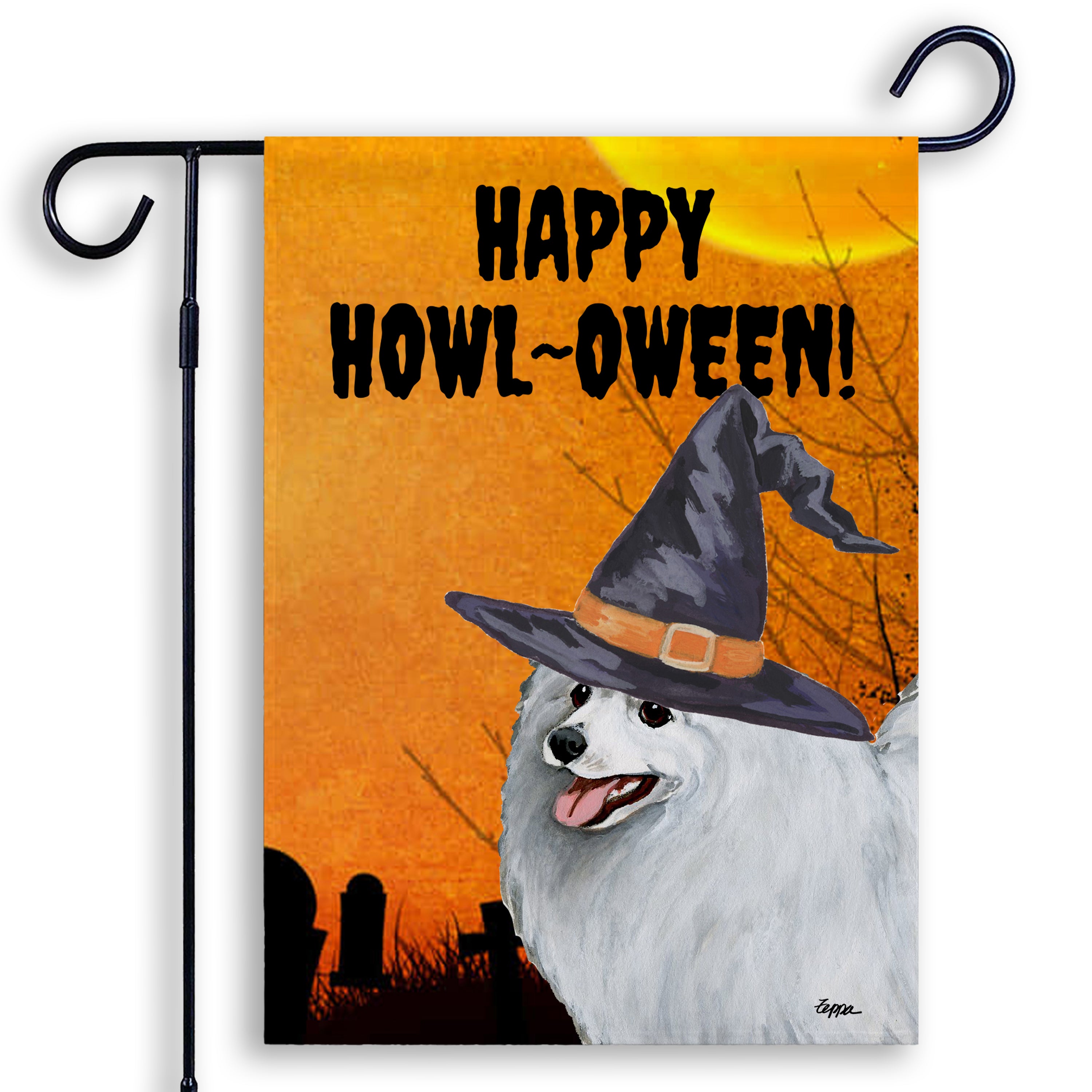 Halloween-themed garden flag with a Japanese Spitz wearing a witch hat and 'Happy Howl-Oween!' text.