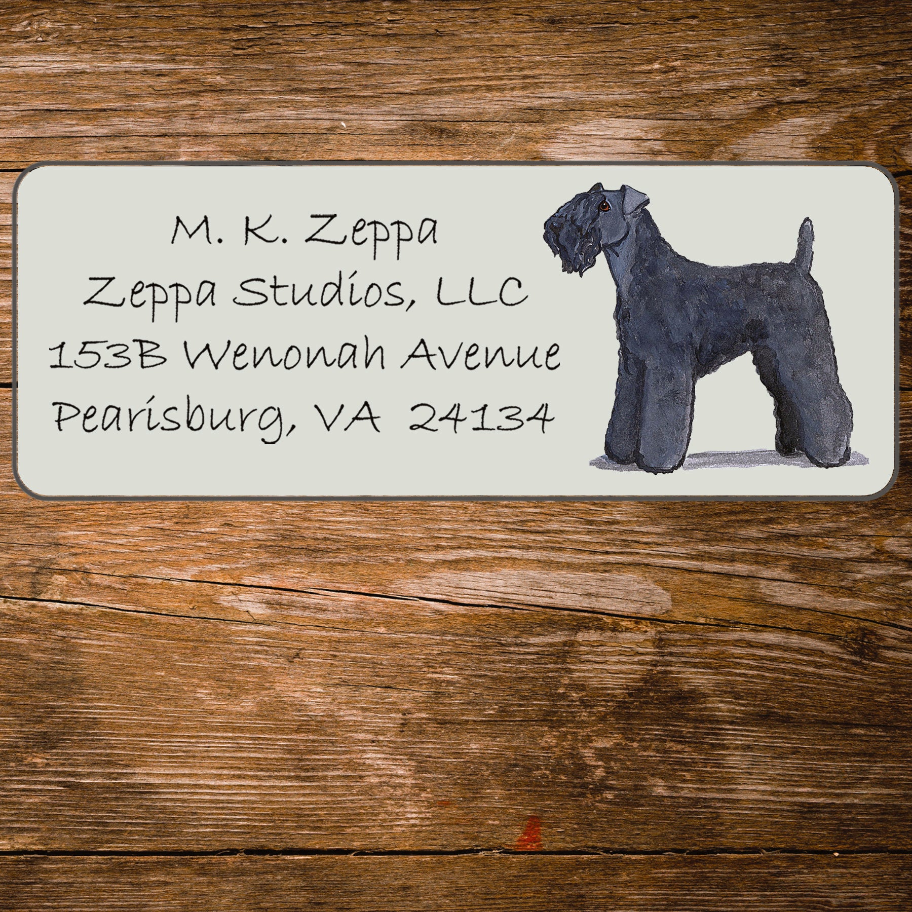 Return address label with a Kerry Blue Terrier illustration.