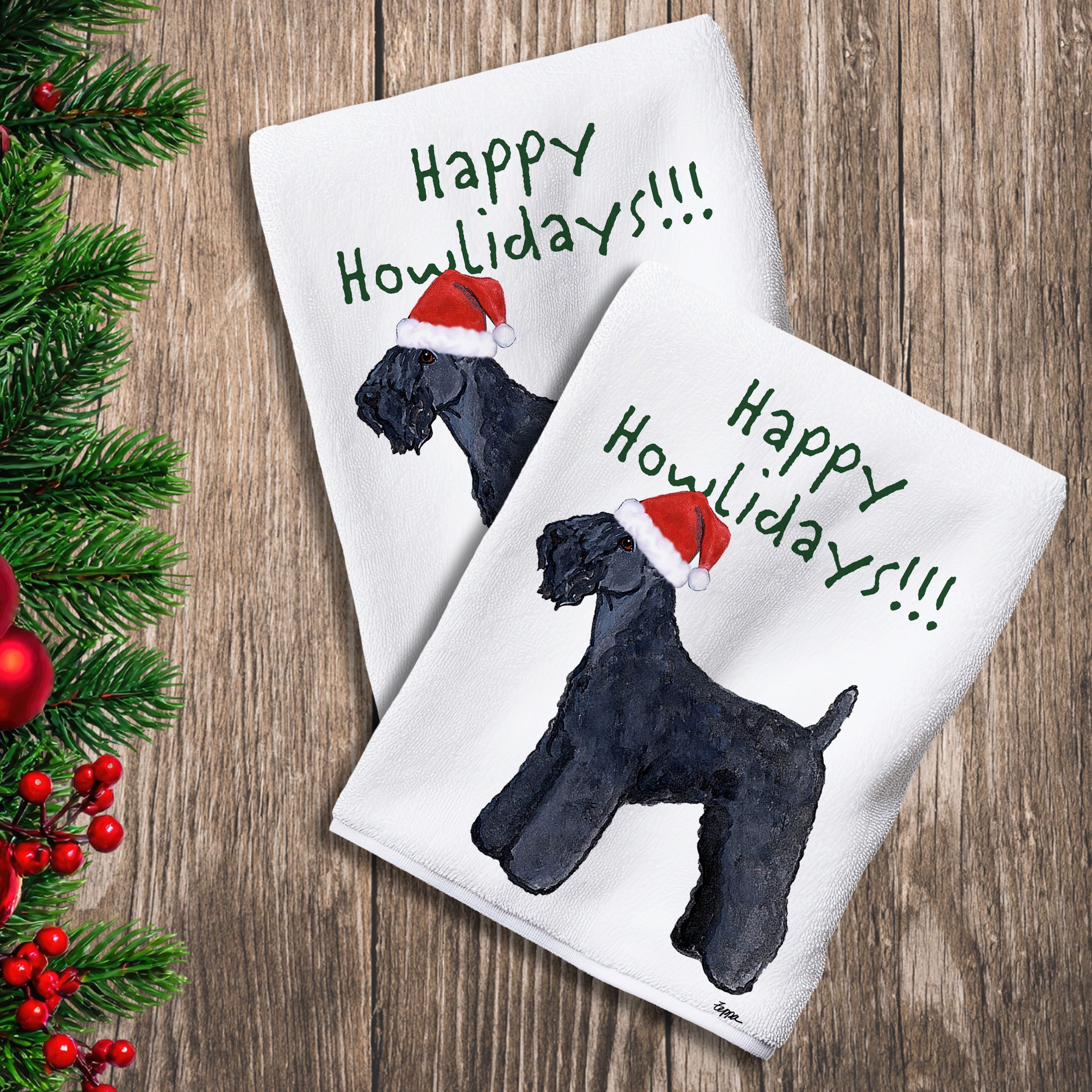 2 Kitchen Towels with a Kerry Blue Terrier in a Santa Hat and Happy Howlidays text.