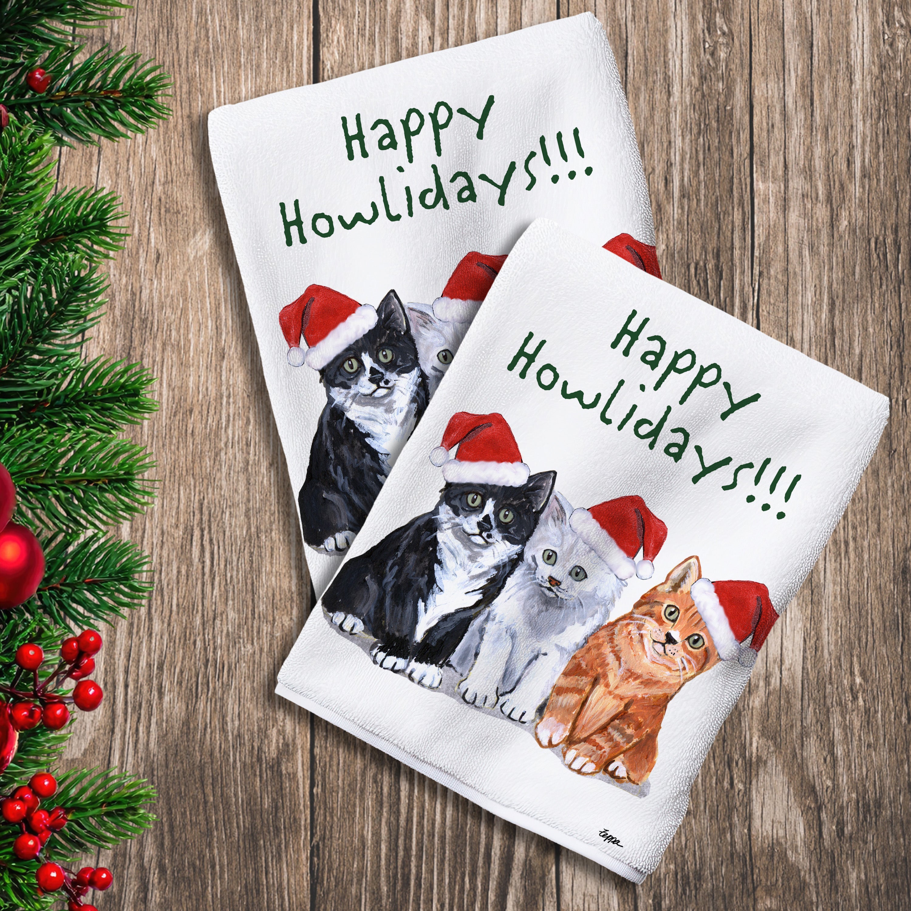 2 Kitchen Towels with a trio of Kittens in Santa Hats and Happy Howlidays text.
