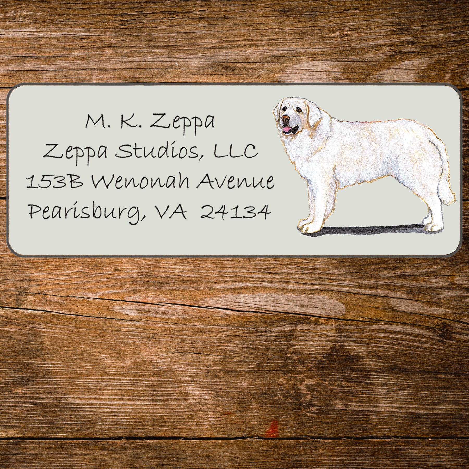 Return address label with a Kuvasz illustration.