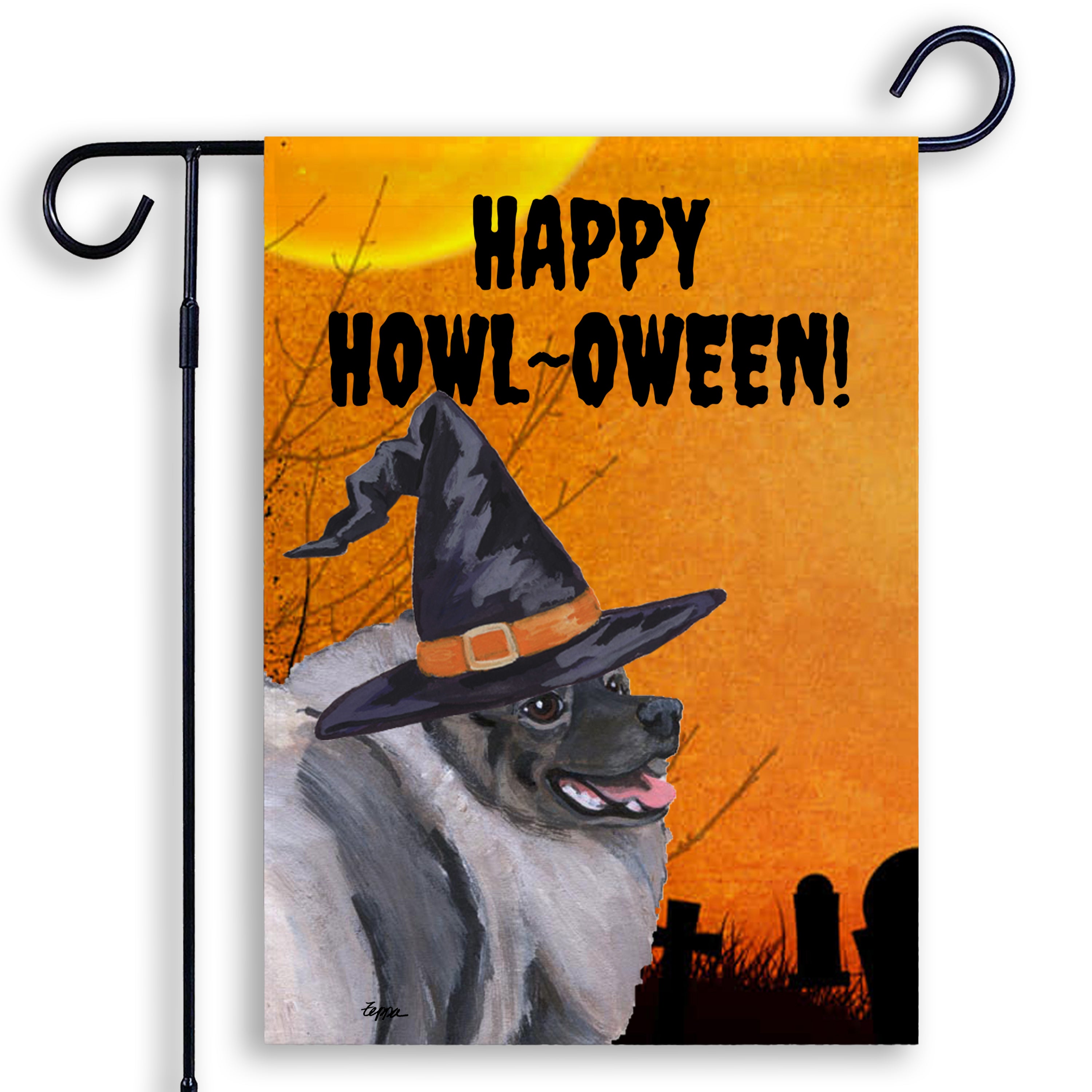 Halloween-themed garden flag with a Keeshond wearing a witch hat and 'Happy Howl-Oween!' text on an orange background.