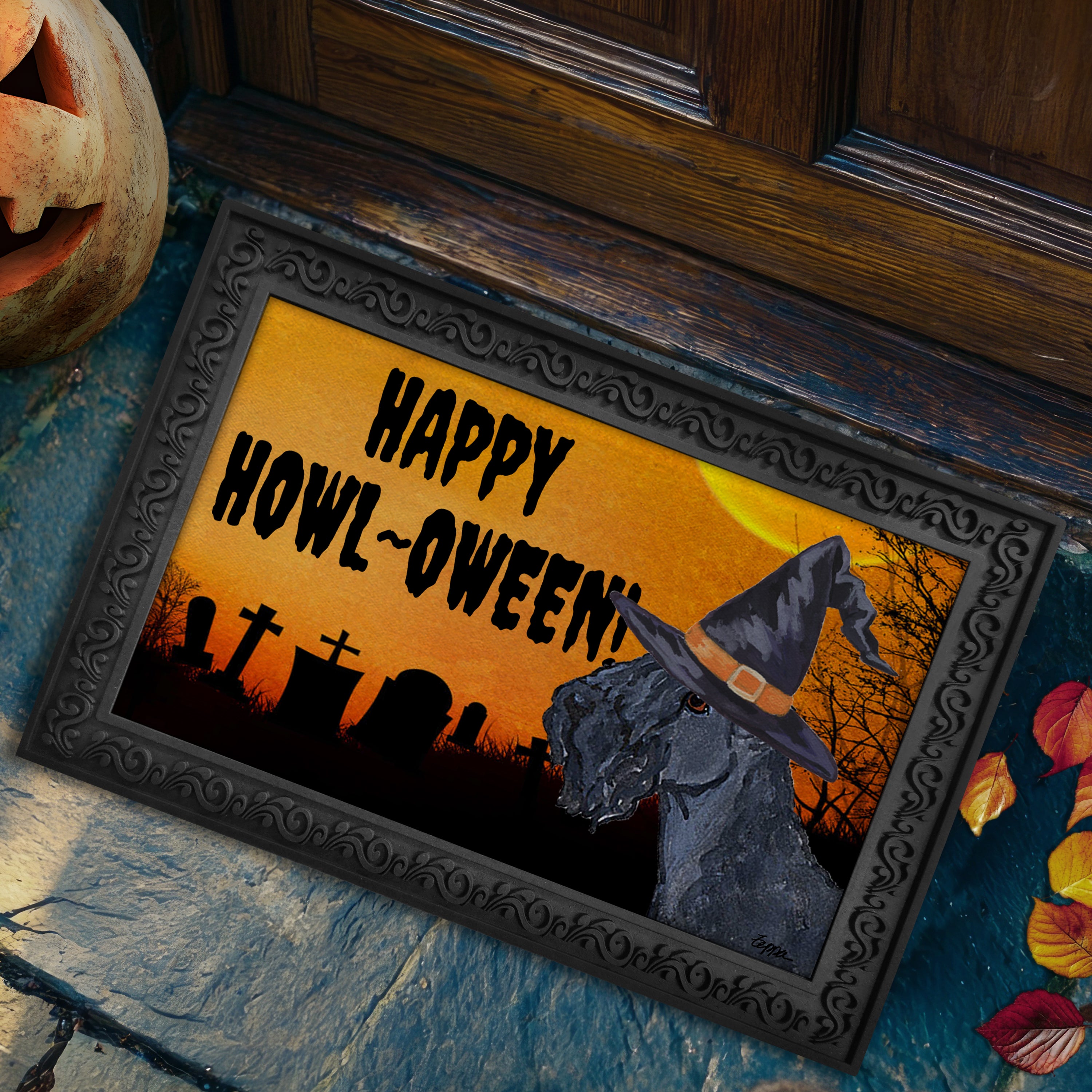 Halloween-themed doormat with a Kerry Blue Terrier wearing a witch hat and 'Happy Howl-Oween!' text, placed on a stone surface.