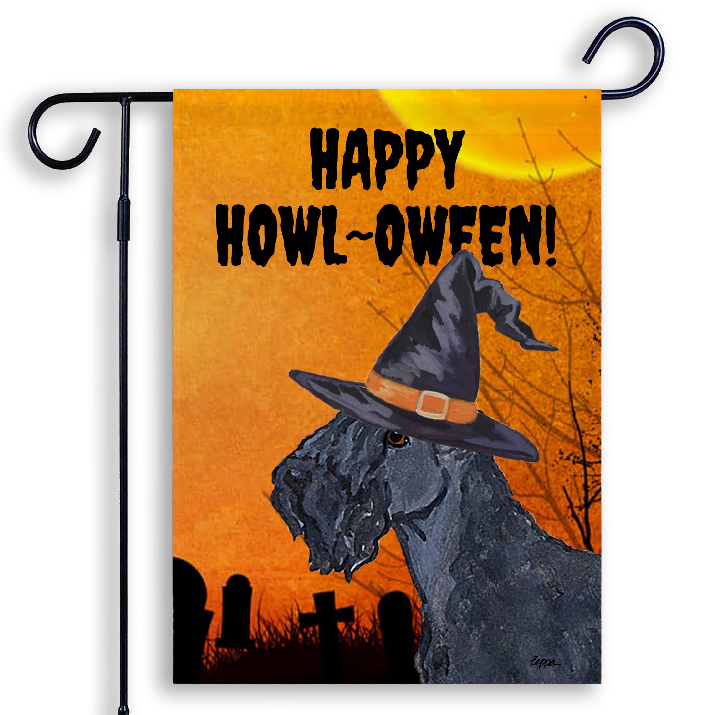 Halloween-themed garden flag with a Kerry Blue Terrier wearing a witch hat and 'Happy Howl-Oween!' text on an orange background.