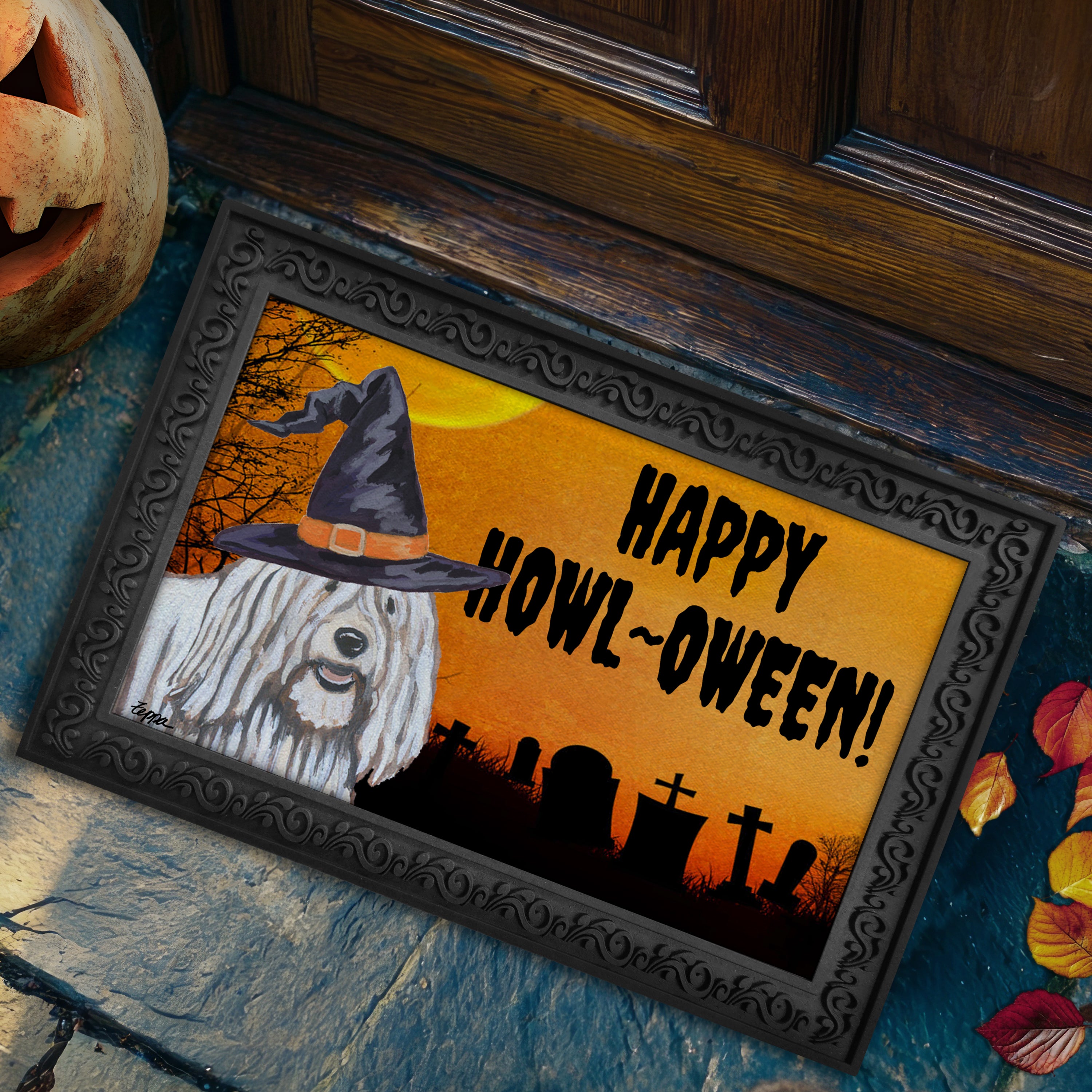 Halloween-themed doormat with a Komondor wearing a witch hat and 'Happy Howl-Oween!' text, placed on a stone surface.