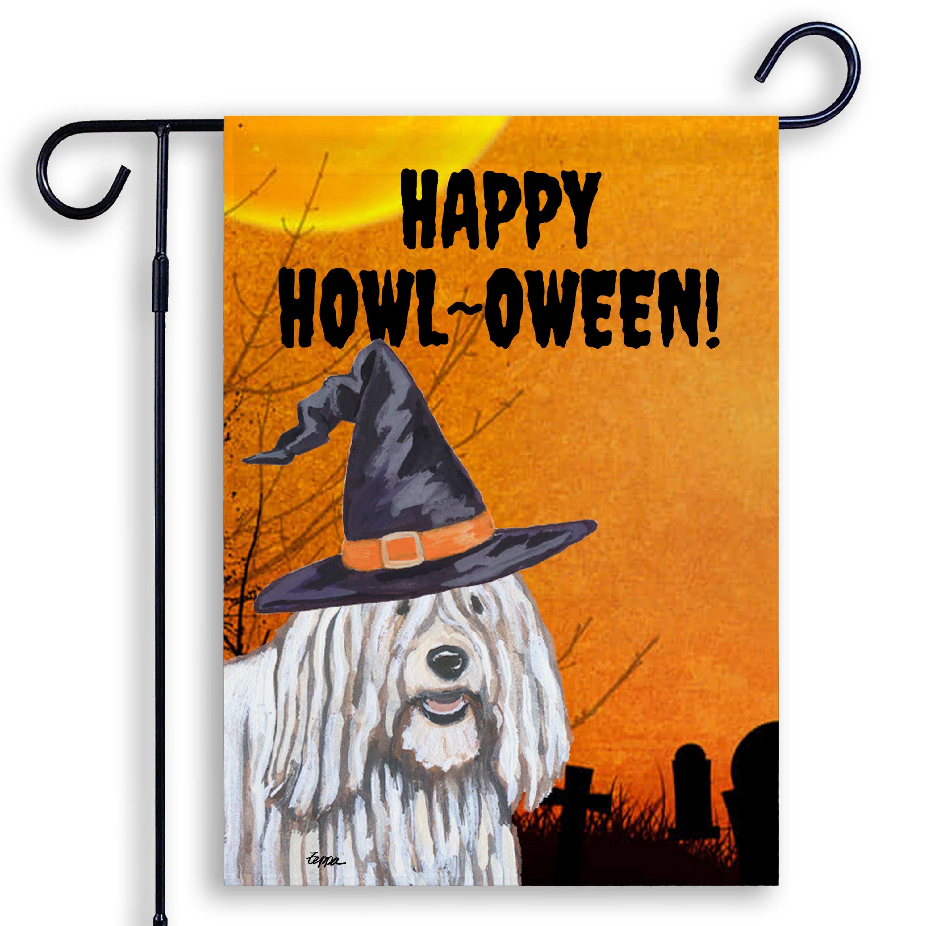 Halloween-themed garden flag with a Komondor wearing a witch hat and 'Happy Howl-Oween!' text on an orange background.
